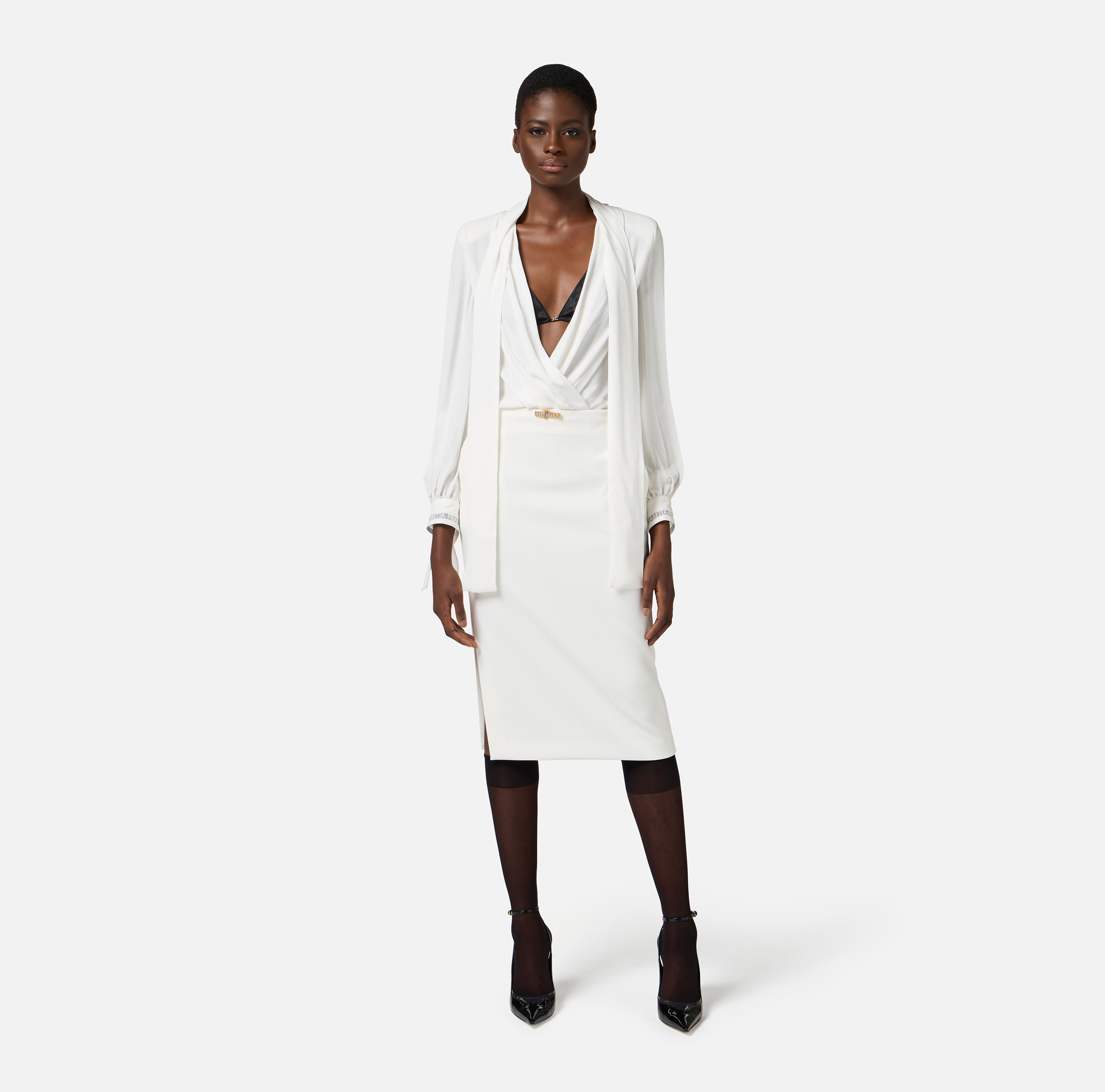 スカート ELISABETTA FRANCHI DOUBLE CREPE SKIRT WITH TUXEDO DETAILS Skirt in lightweight double-layer crêpe fabric with jewel