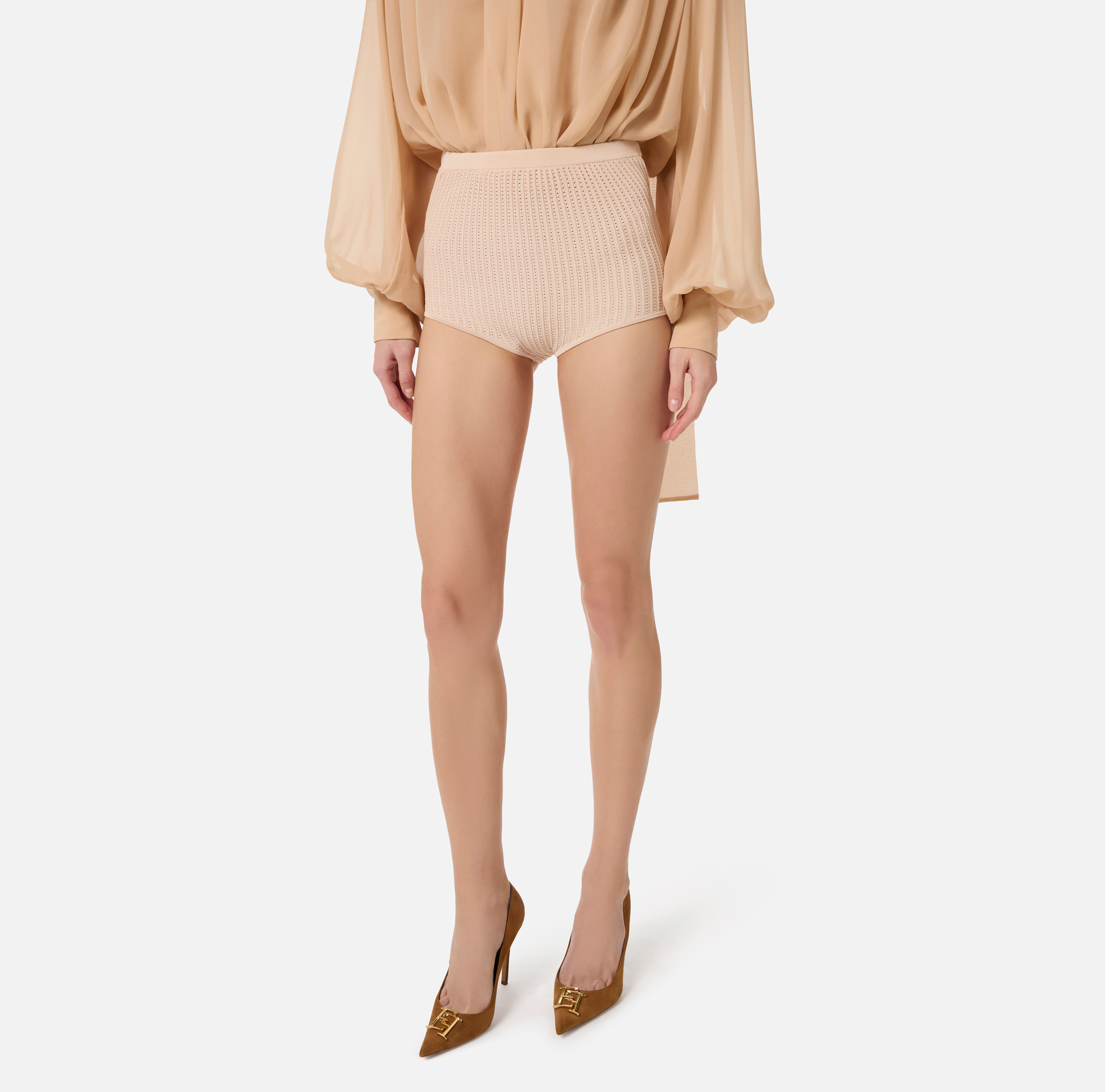 Short En Crêpe Brodé Elisabetta Franchi - Taille 38, Couleur Beurre, Plaque Décorative, Neuf Avec étiquettes