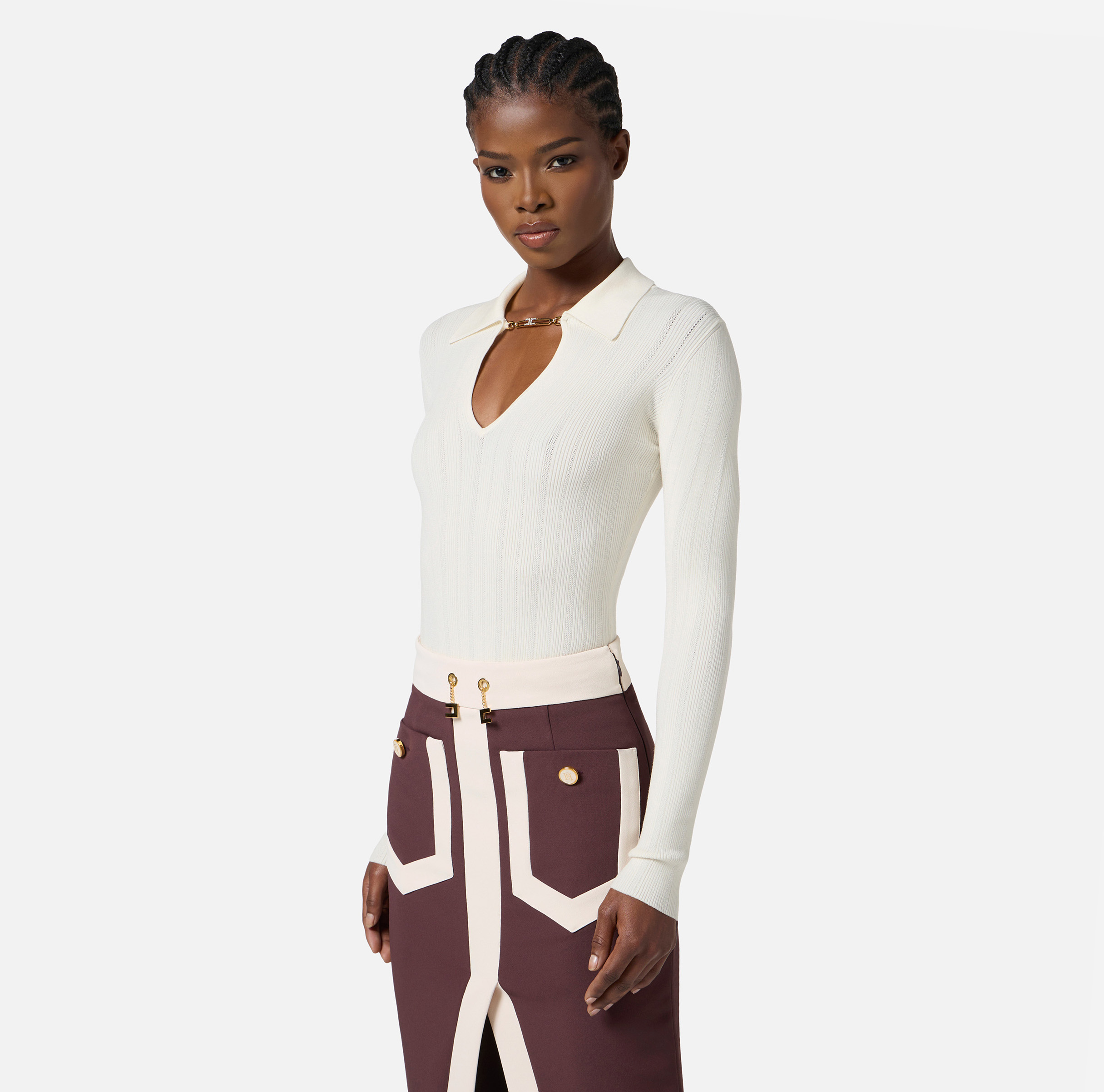 Tシャツ・カットソー ELISABETTA FRANCHI Ribbed knitted top with l detail Rib knit top with V-neck | Elisabetta Franchi