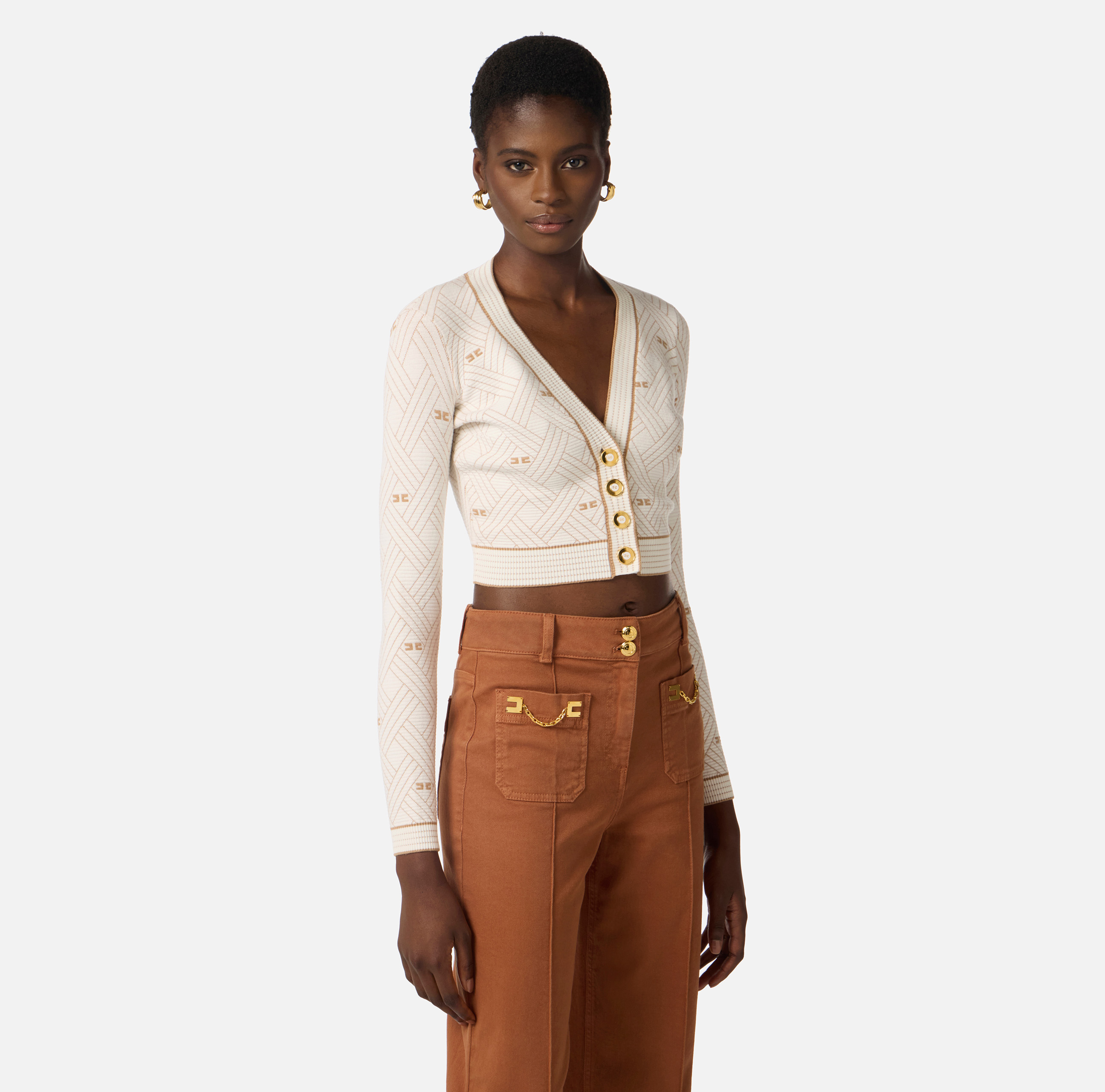 Cardigan in knit fabric with diamond-shaped jacquard fabric