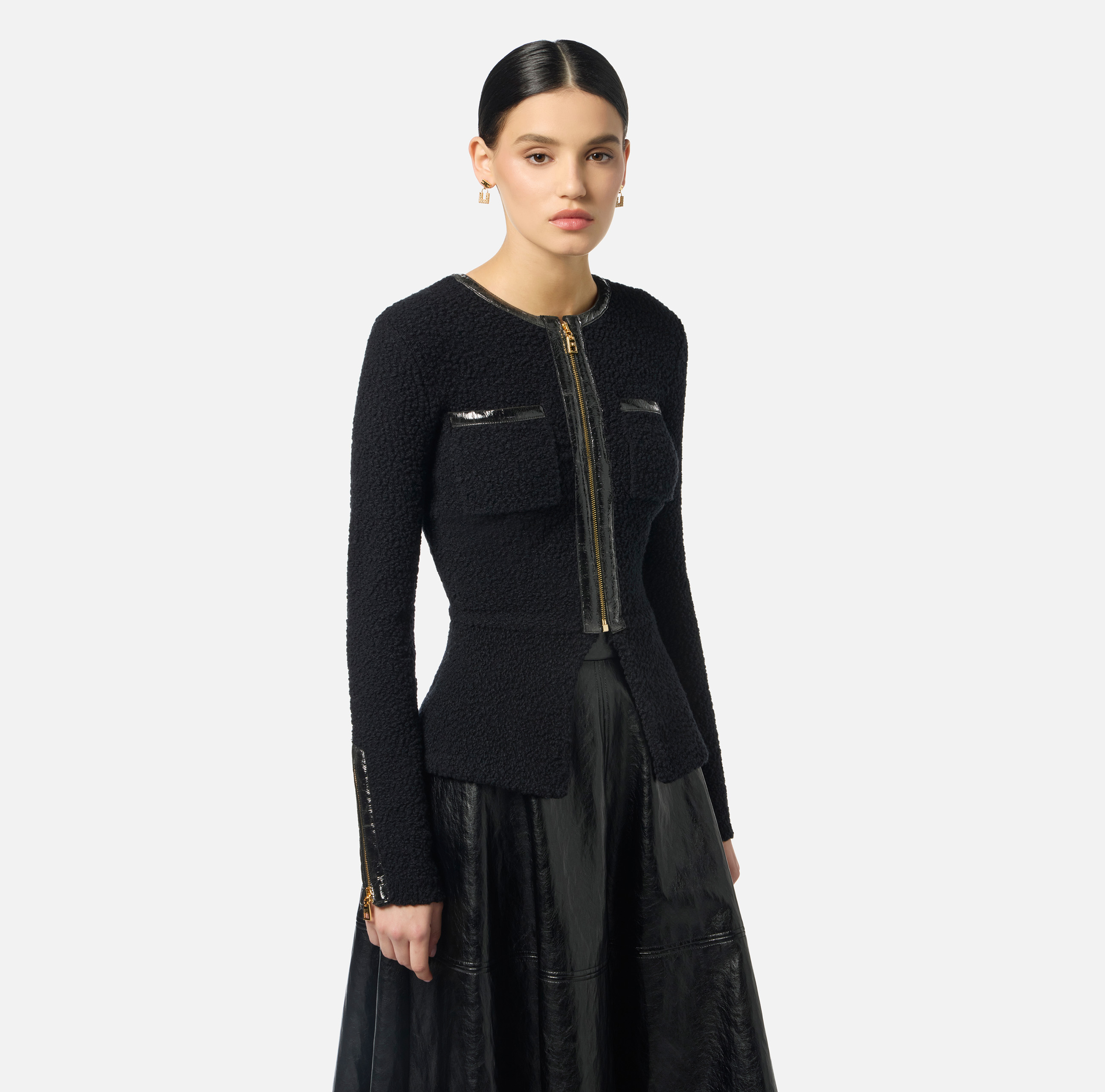 Bouclé knit cardigan with vinyl details | Elisabetta Franchi