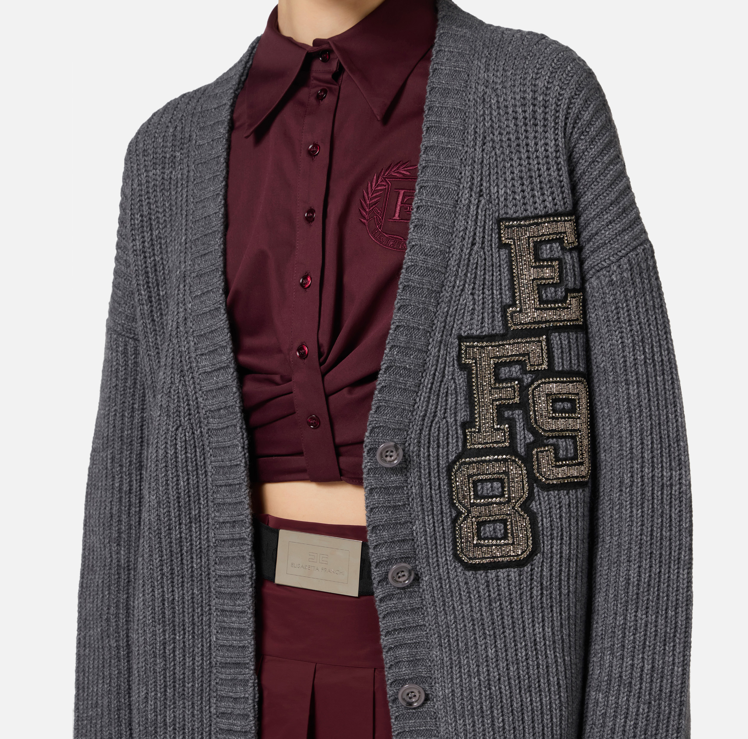 Fisherman's rib wool cardigan with logo patch | Elisabetta