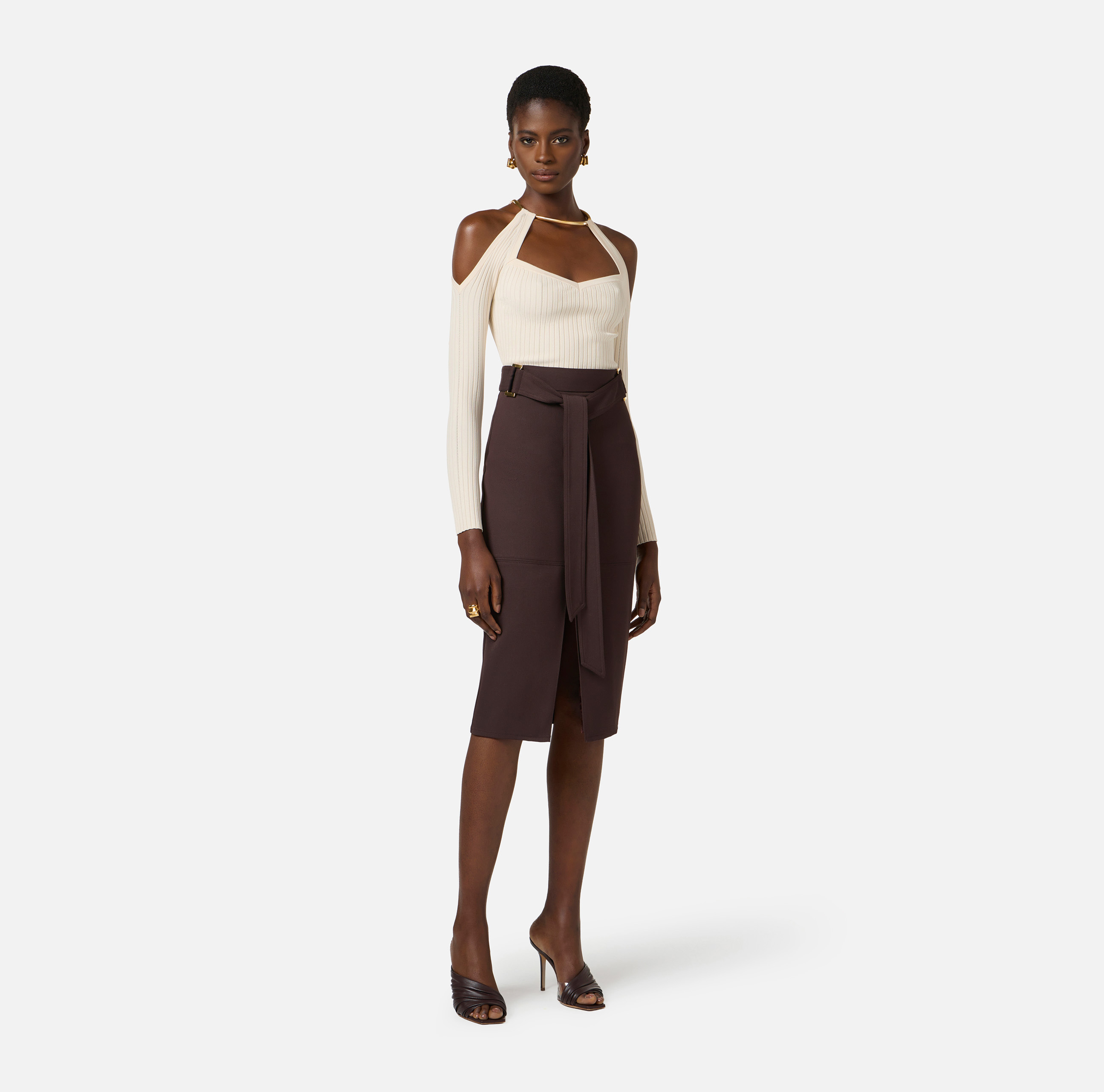 Elisabetta Franchi ノースリーブワンピース 38 ナチュラルベーシックノースリーブワンピース【7f-831-05795】