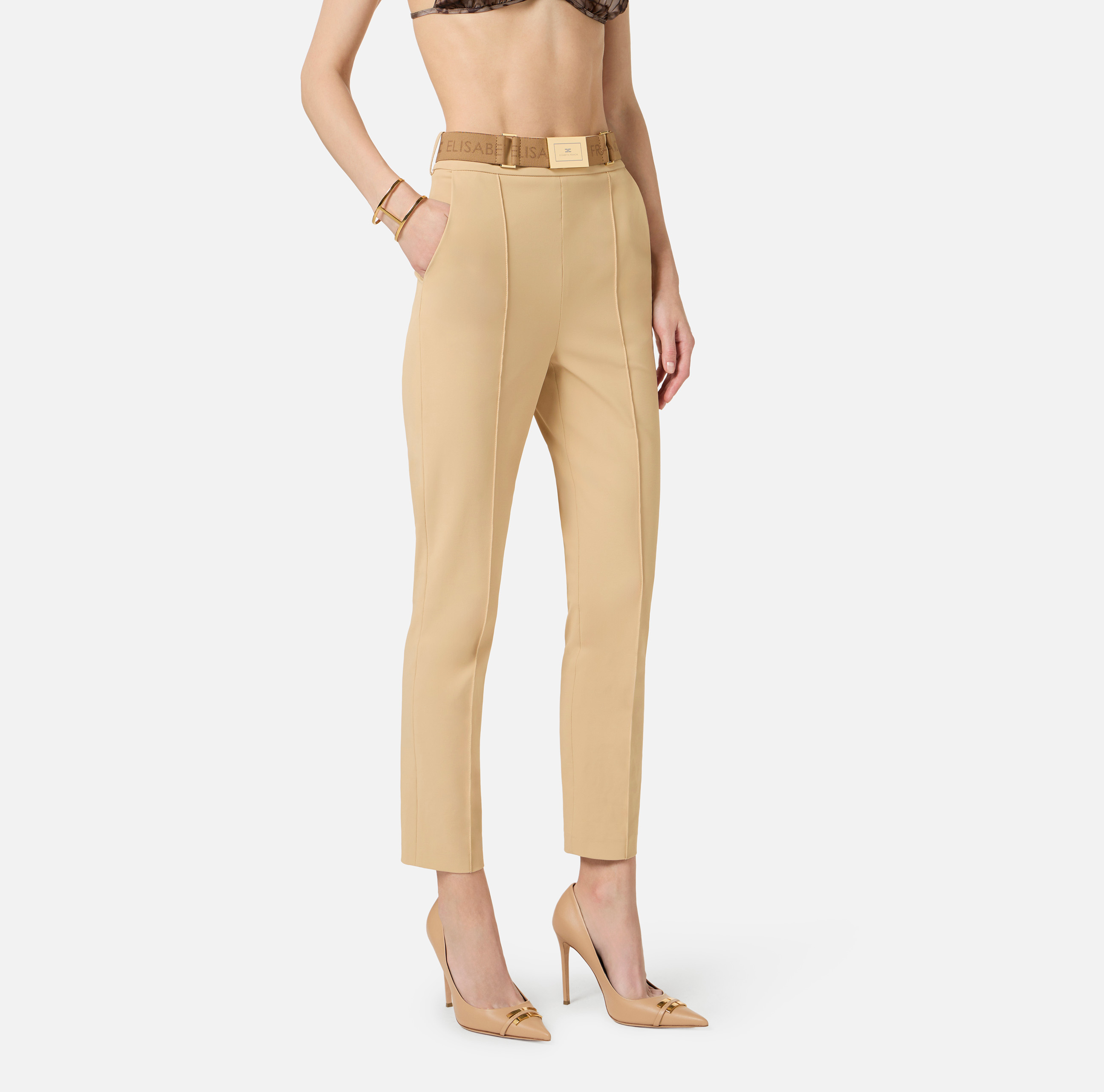 ELISABETTA FRANCHI Wide Beige Textile High Waist Belt sz 42 (XS/S) Trousers in technical bi-elastic fabric with belt  main image 2