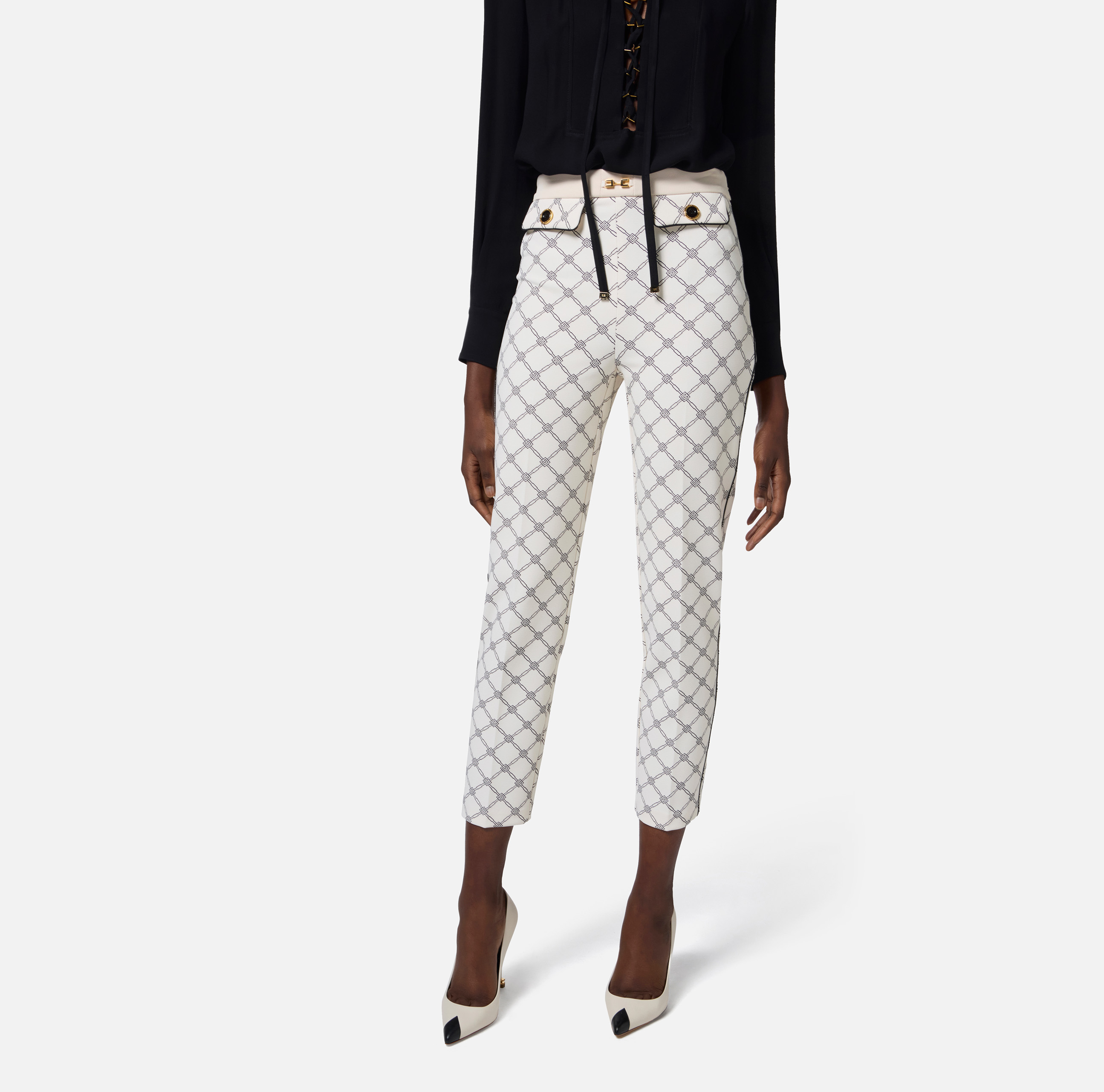 【25SS】 ELISABETTA FRANCHI プリーツ入り クレープパンツ Trousers in crêpe fabric with diamond print | Elisabetta Franchi