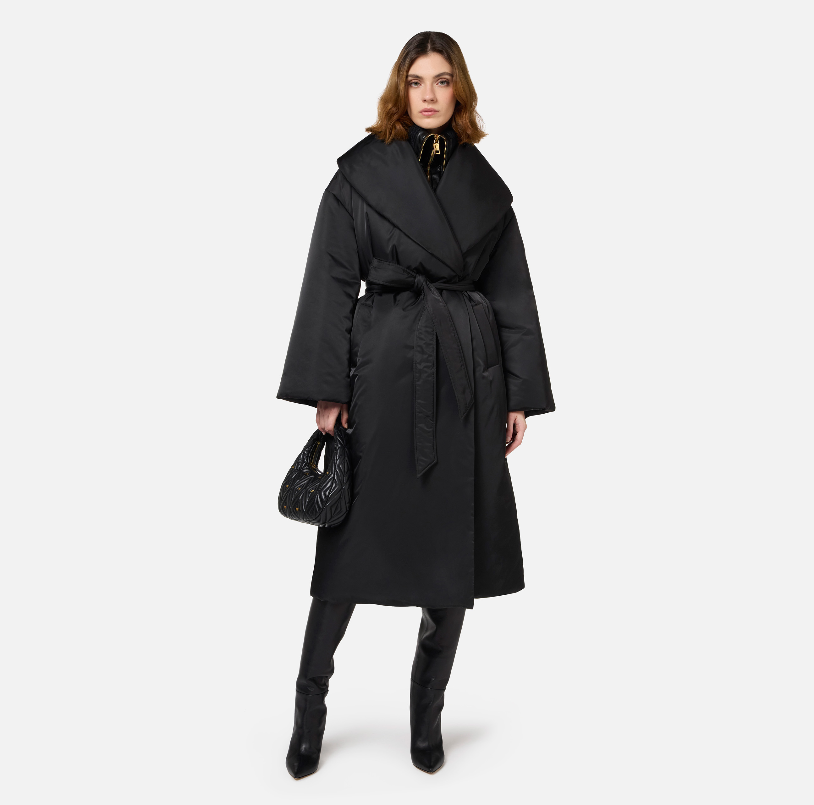 Long satin nylon down jacket with wide collar | Elisabetta
