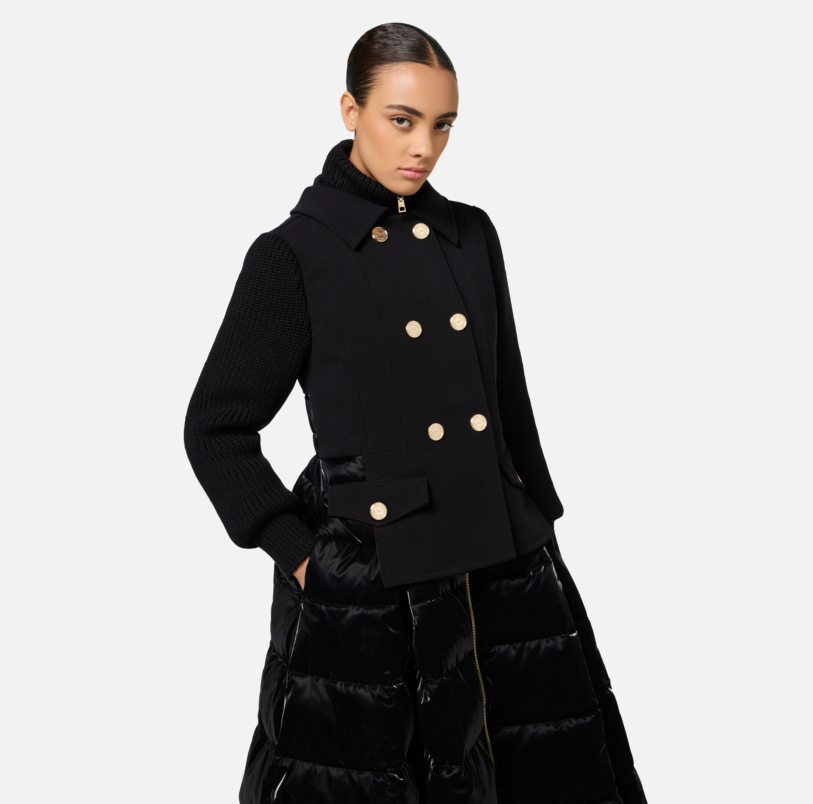 Down jacket in nylon and cloth fabric with circle skirt