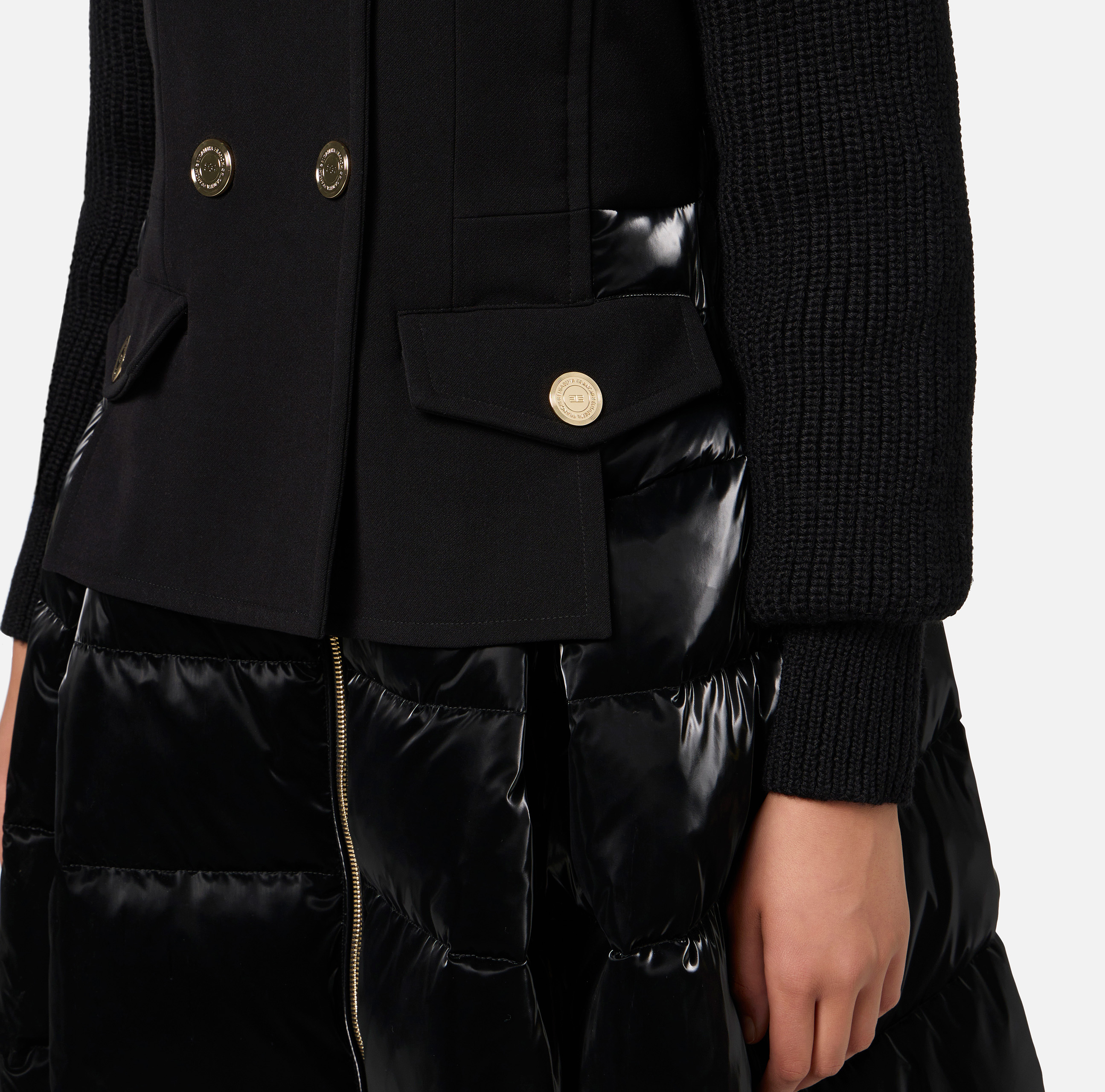 Down jacket in nylon and cloth fabric with circle skirt