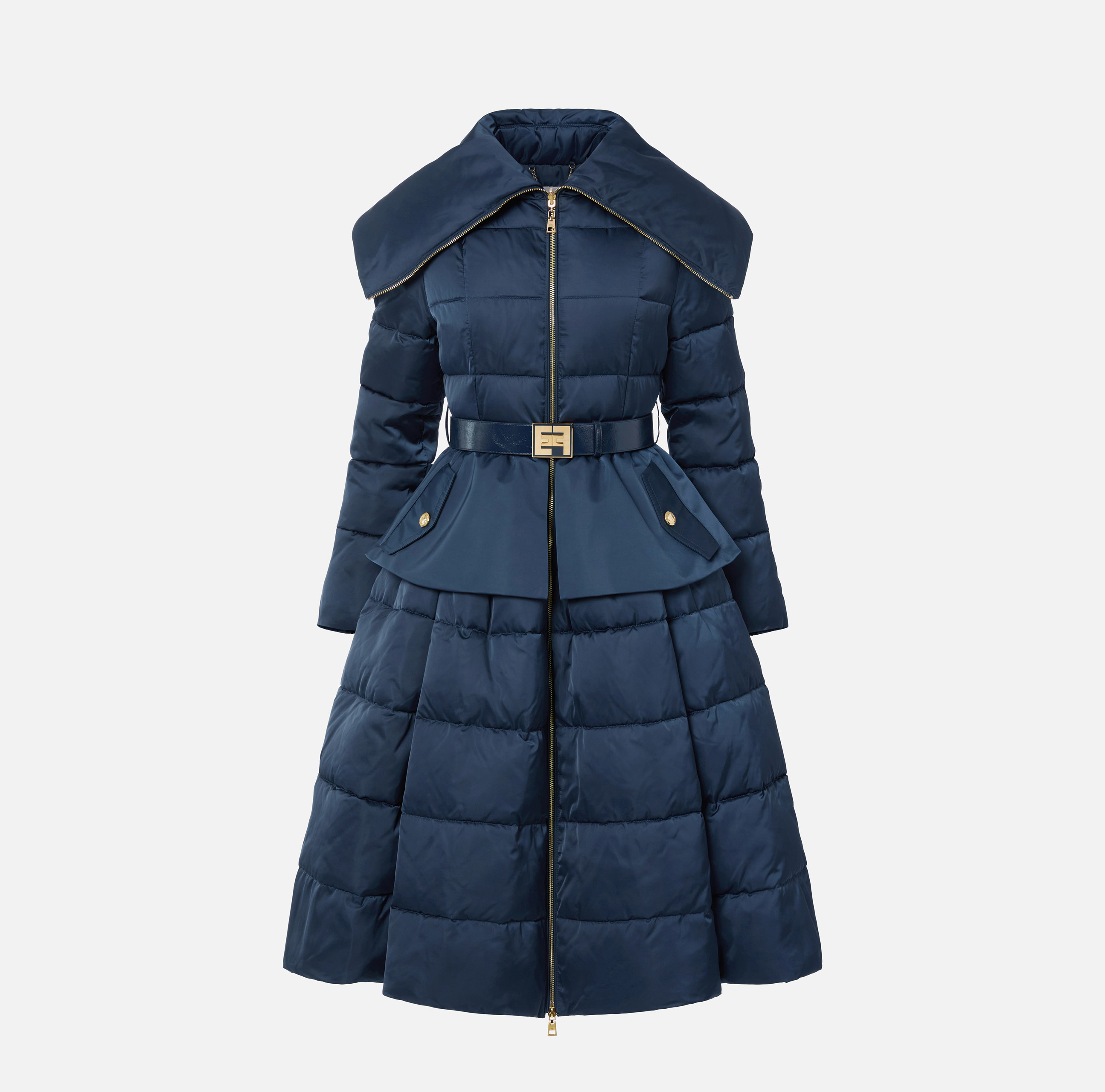 ジャケット・アウター ELISABETTA FRANCHI Down jacket in jacquard voile fabric with belt | Elisabetta Franchi