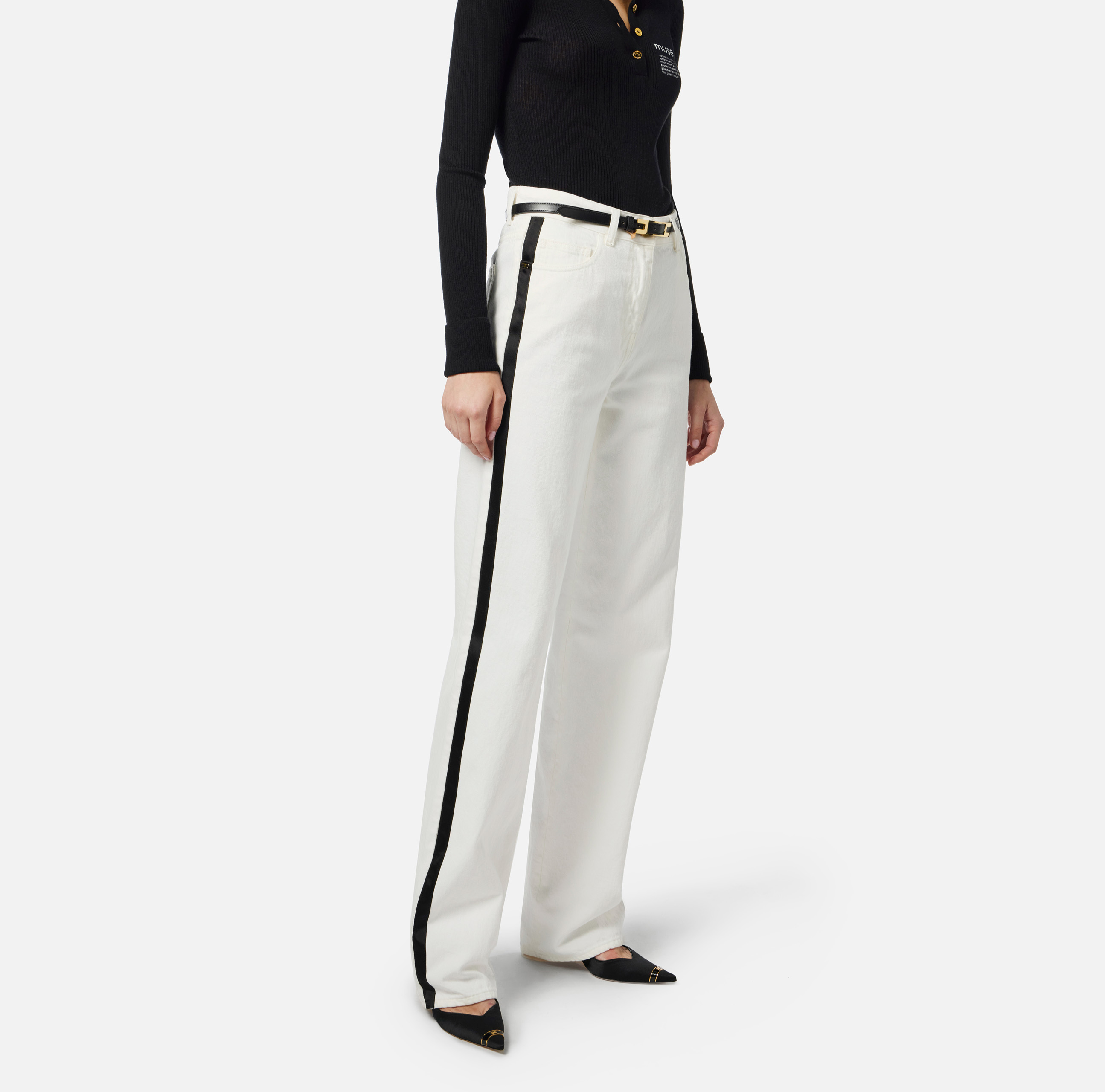 【25SS】 ELISABETTA FRANCHI サテンバンド パラッツォパンツ Jeans with satin bands | Elisabetta Franchi