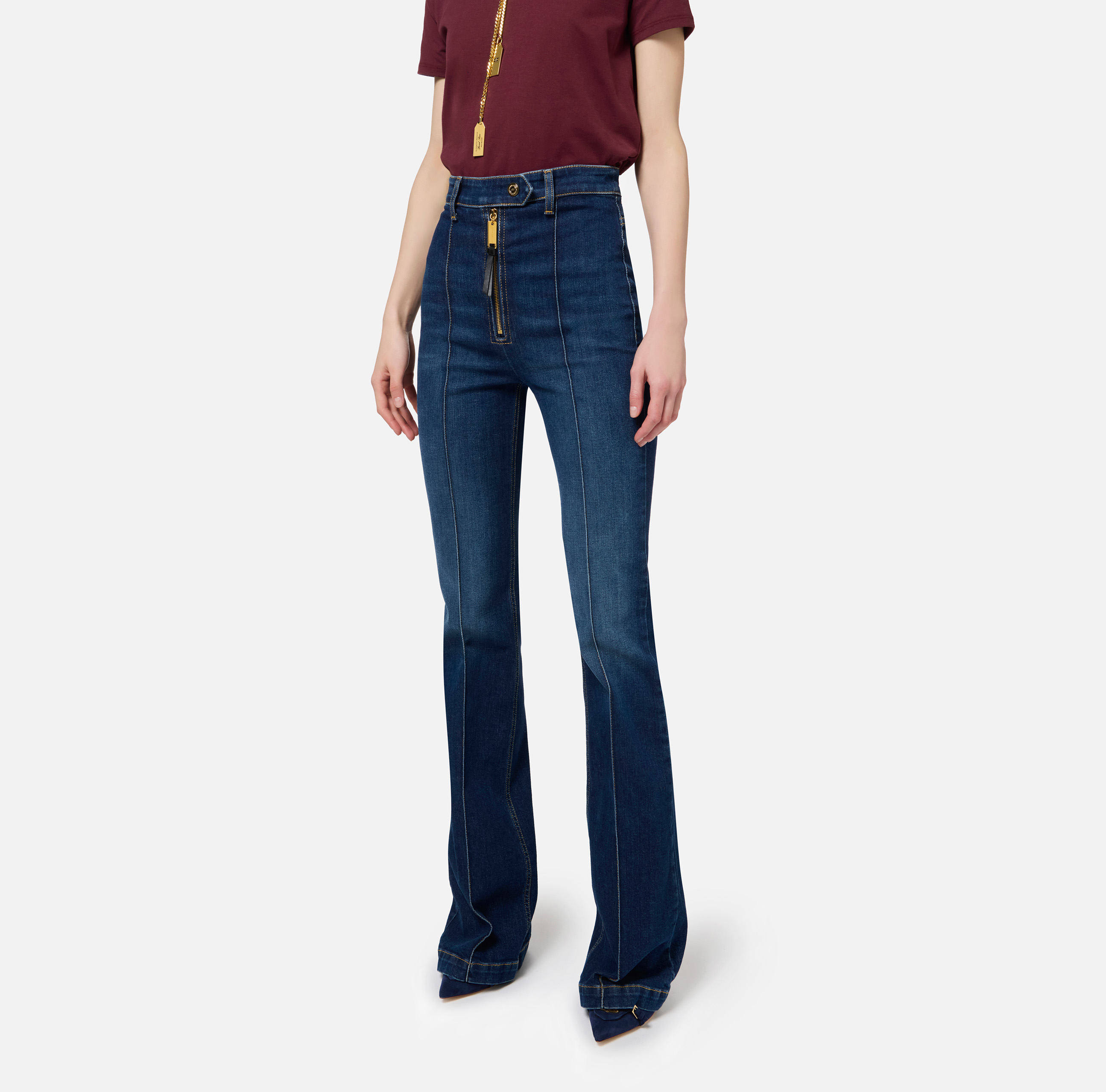 Bell-bottom stretch cotton jeans with ribs | Elisabetta Franchi