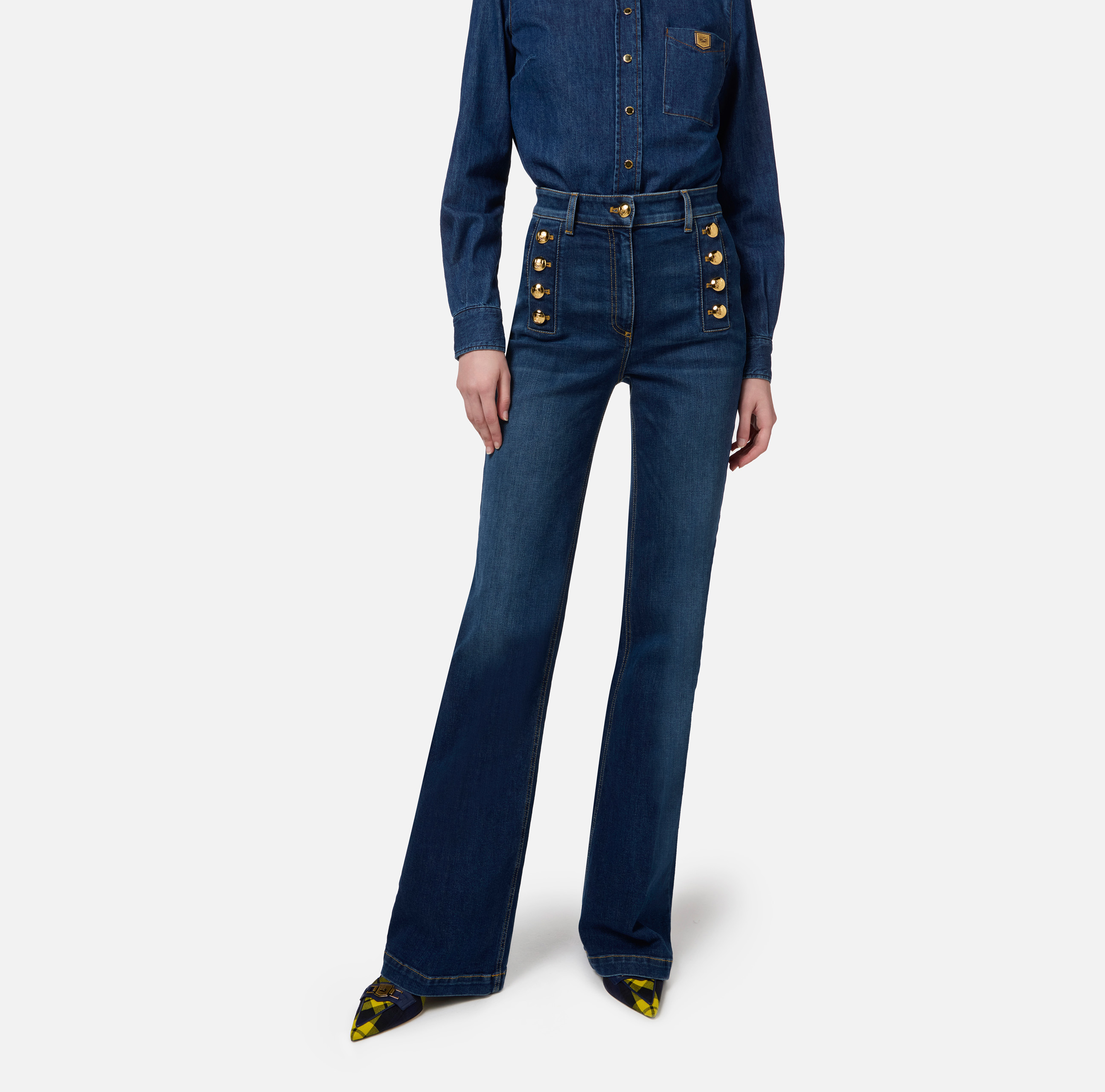 Bell-bottom stretch cotton jeans with side button placket