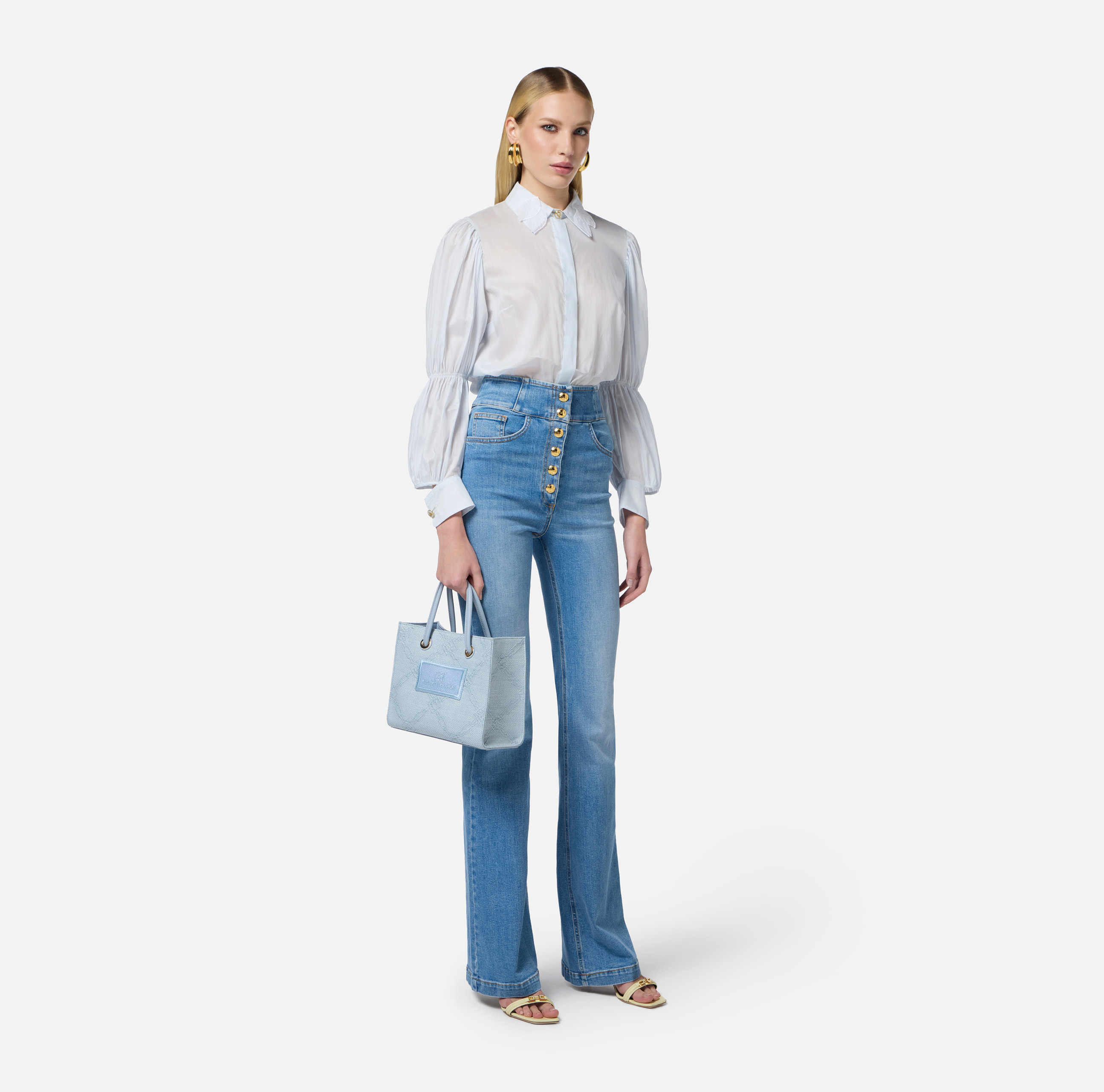 エリザベッタ フランキ ジーンズ サテンバンド付き ロゴボタン Elisabetta Franchi Blue Denim Button Detail Jeans M Waist 28