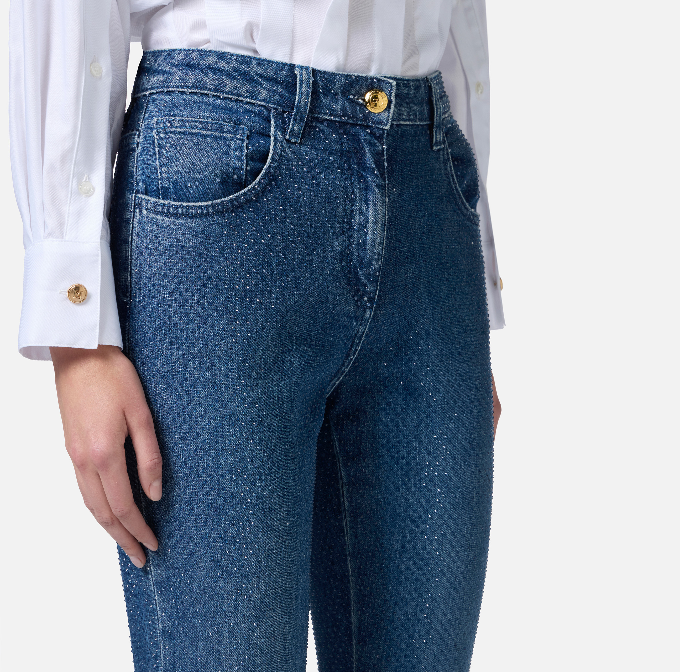 Cotton denim trousers with rhinestones | Elisabetta Franchi