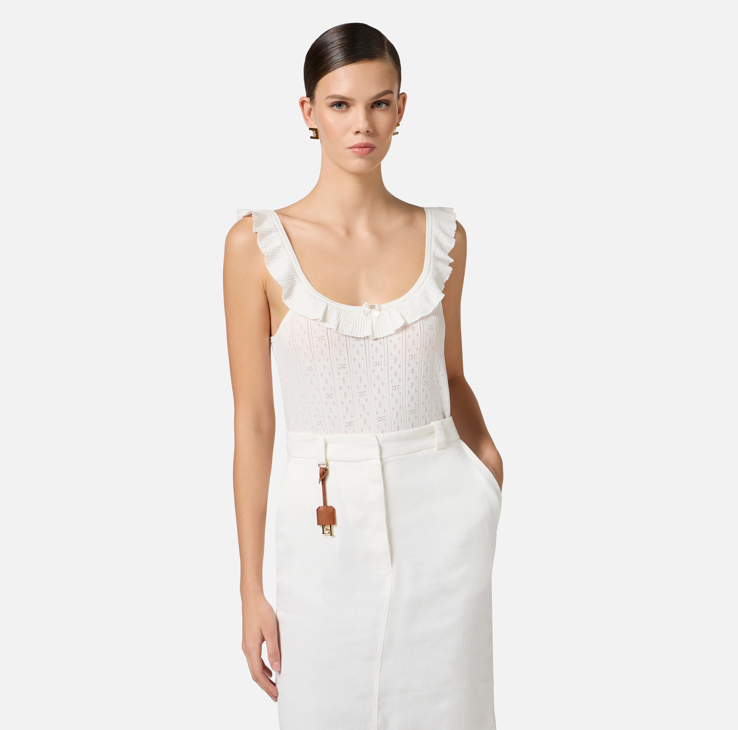 Knit top with openwork embroideries and ruffles | Elisabetta