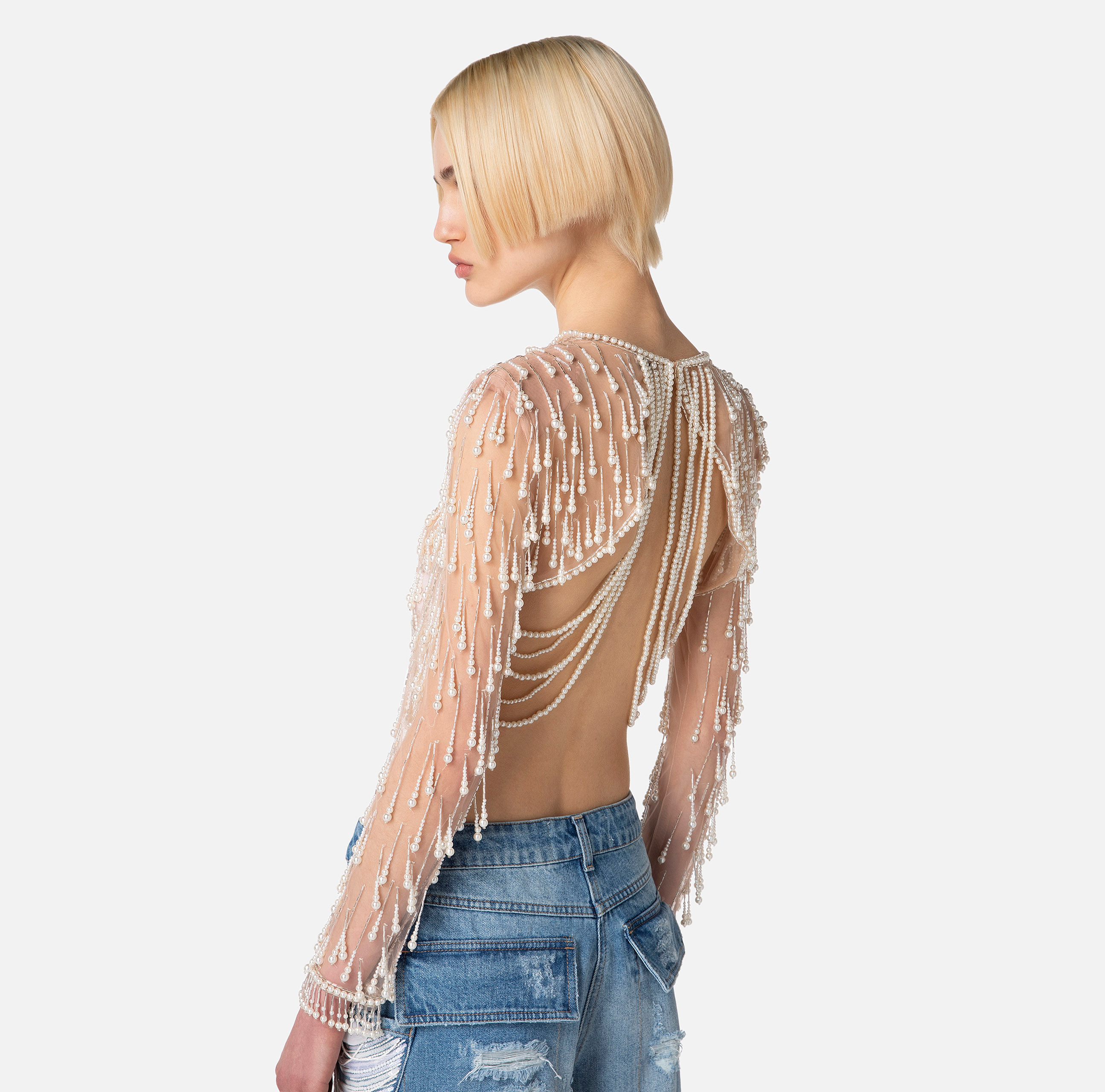 Tulle top embroidered with pearls