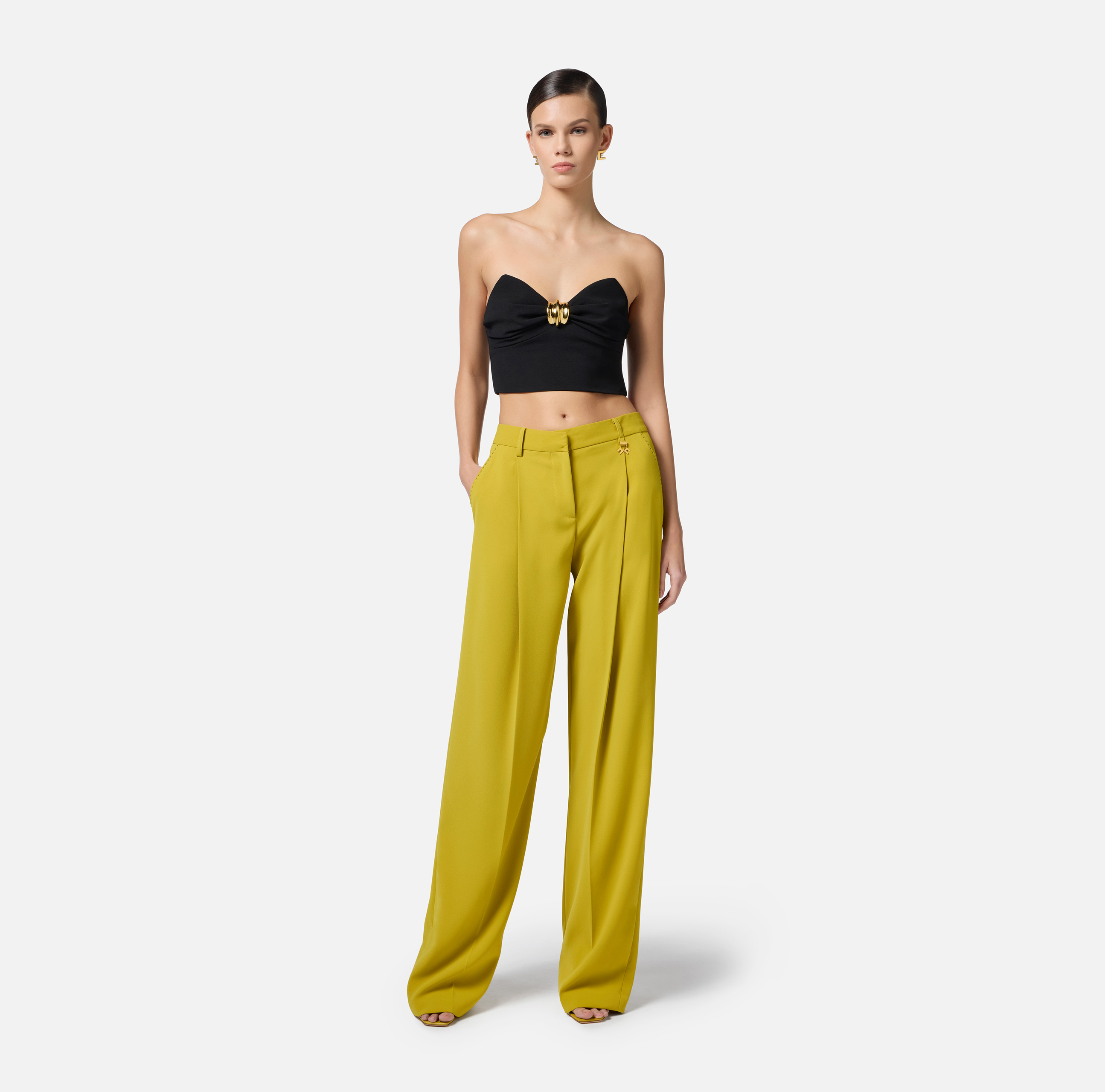 パンツ ELISABETTA FRANCHI Woman Pants Yellow KP65S DK7 Top in flowing crêpe fabric with jewelled decoration