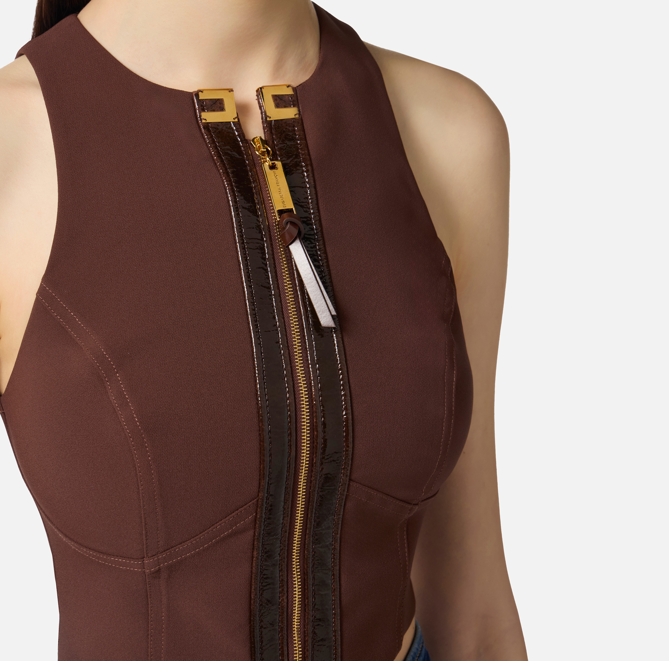 Top in double-layer crêpe fabric with crackled-effect leather
