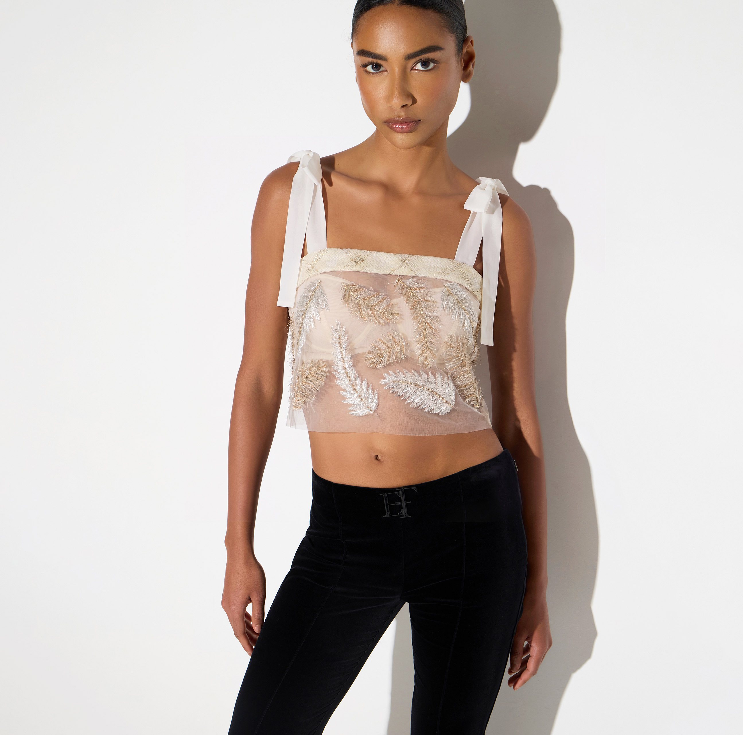 Tulle and tweed top with feathers | Elisabetta Franchi