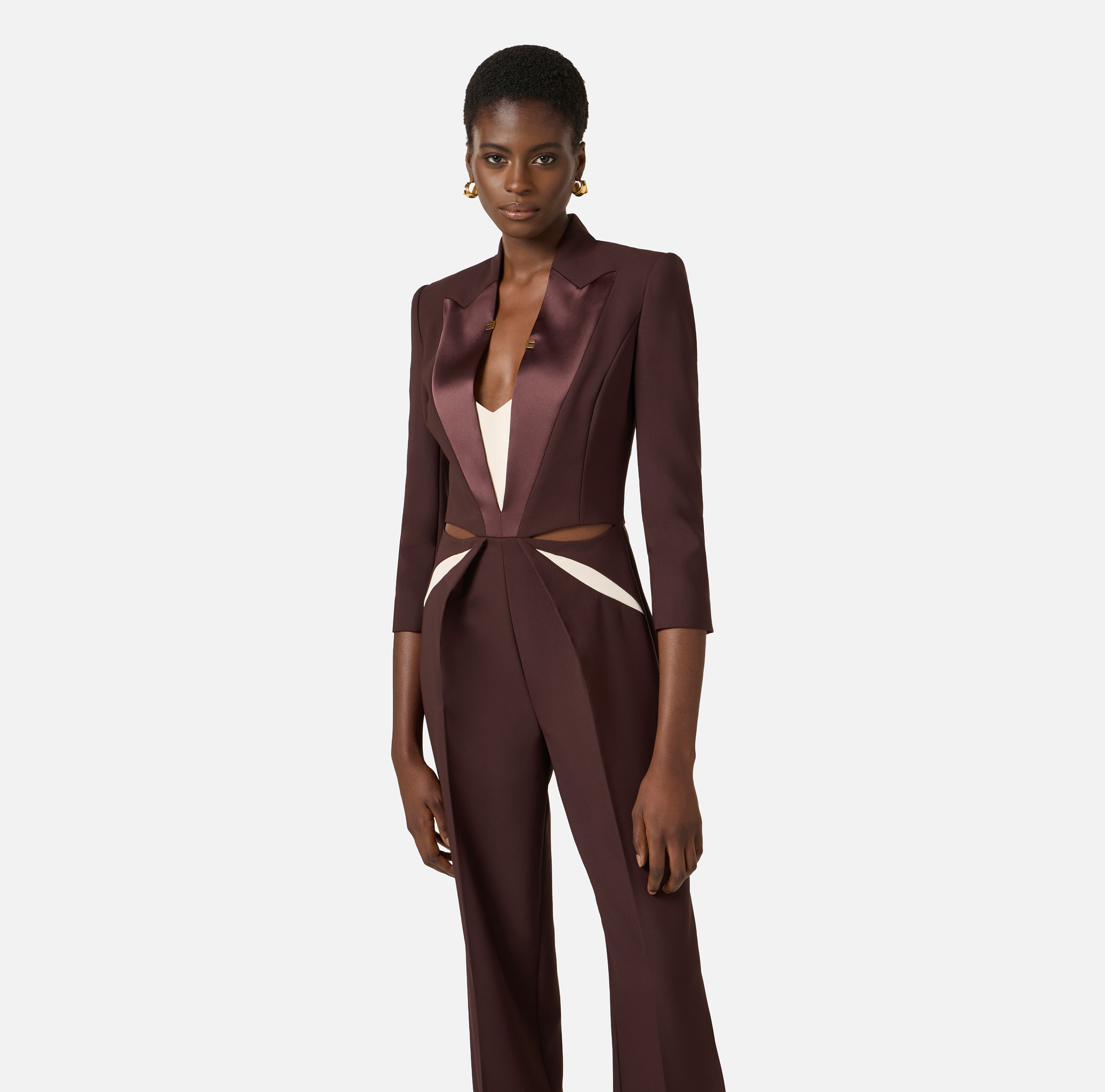 Jumpsuit in lightweight crêpe fabric with two-colour cut-outs