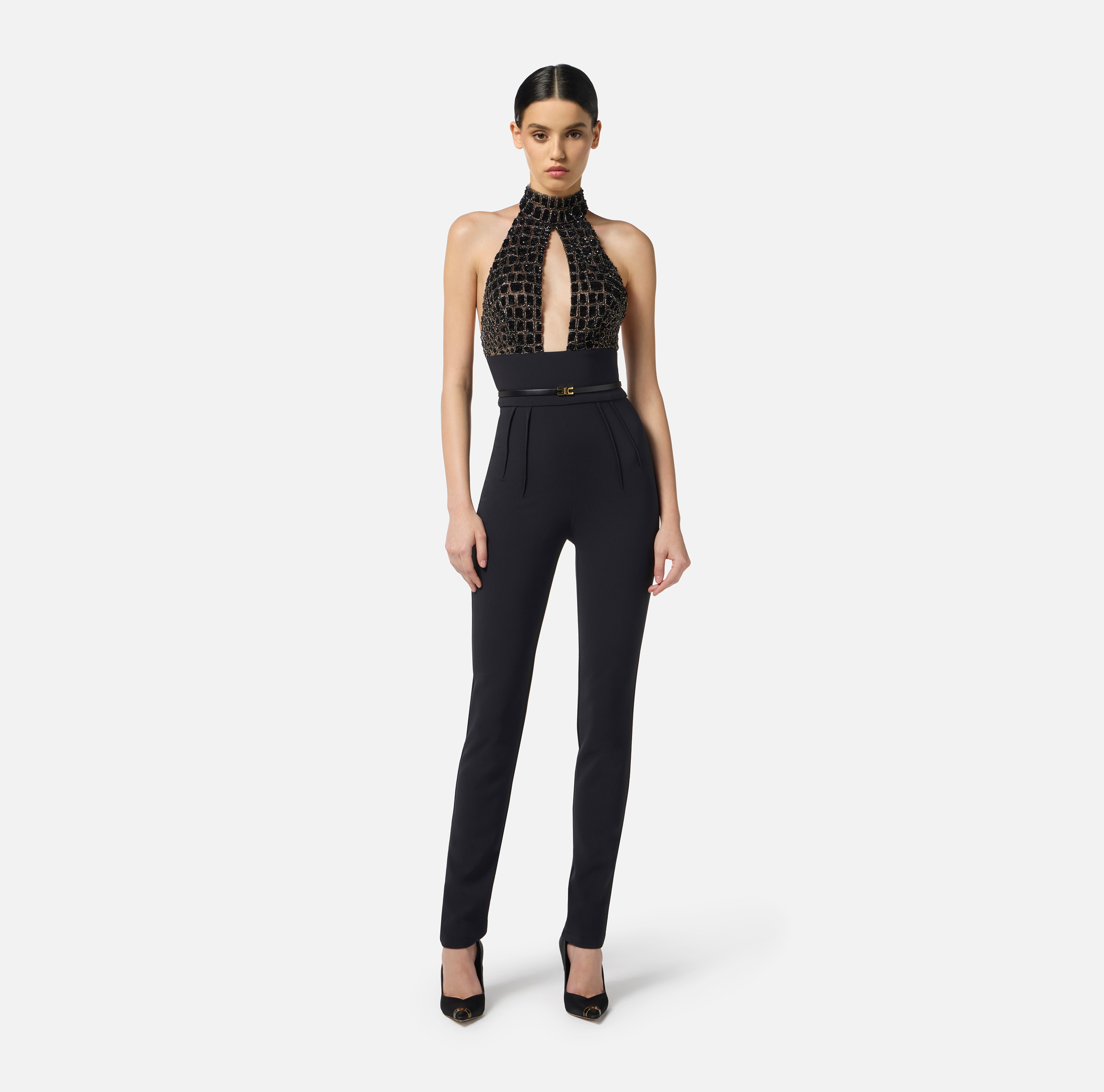 Jumpsuit in tulle and crêpe fabrics with crocodile