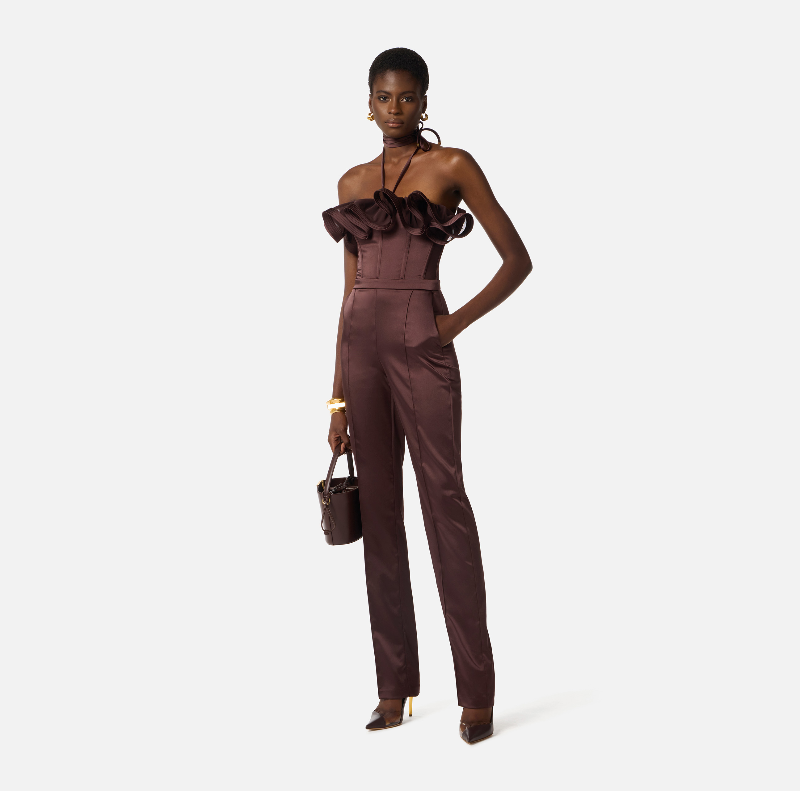 Stretch satin jumpsuit with maxi ruffle | Elisabetta Franchi