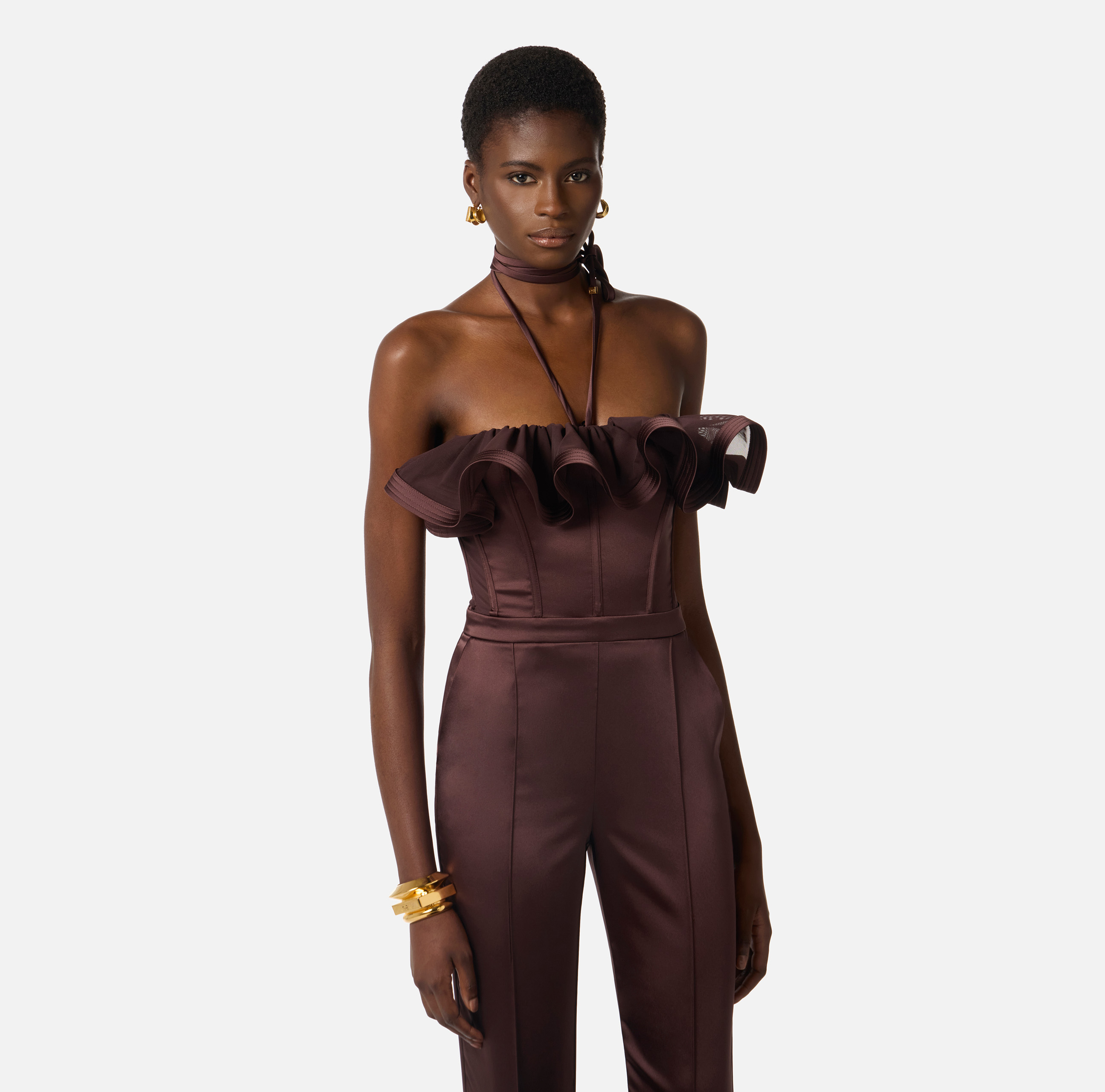 Stretch satin jumpsuit with maxi ruffle | Elisabetta Franchi