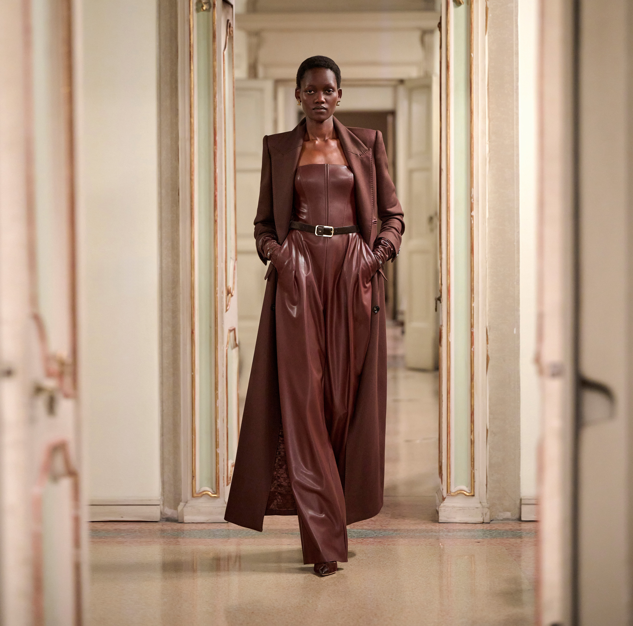 Bustier jumpsuit with nappa leather texture | Elisabetta Franchi