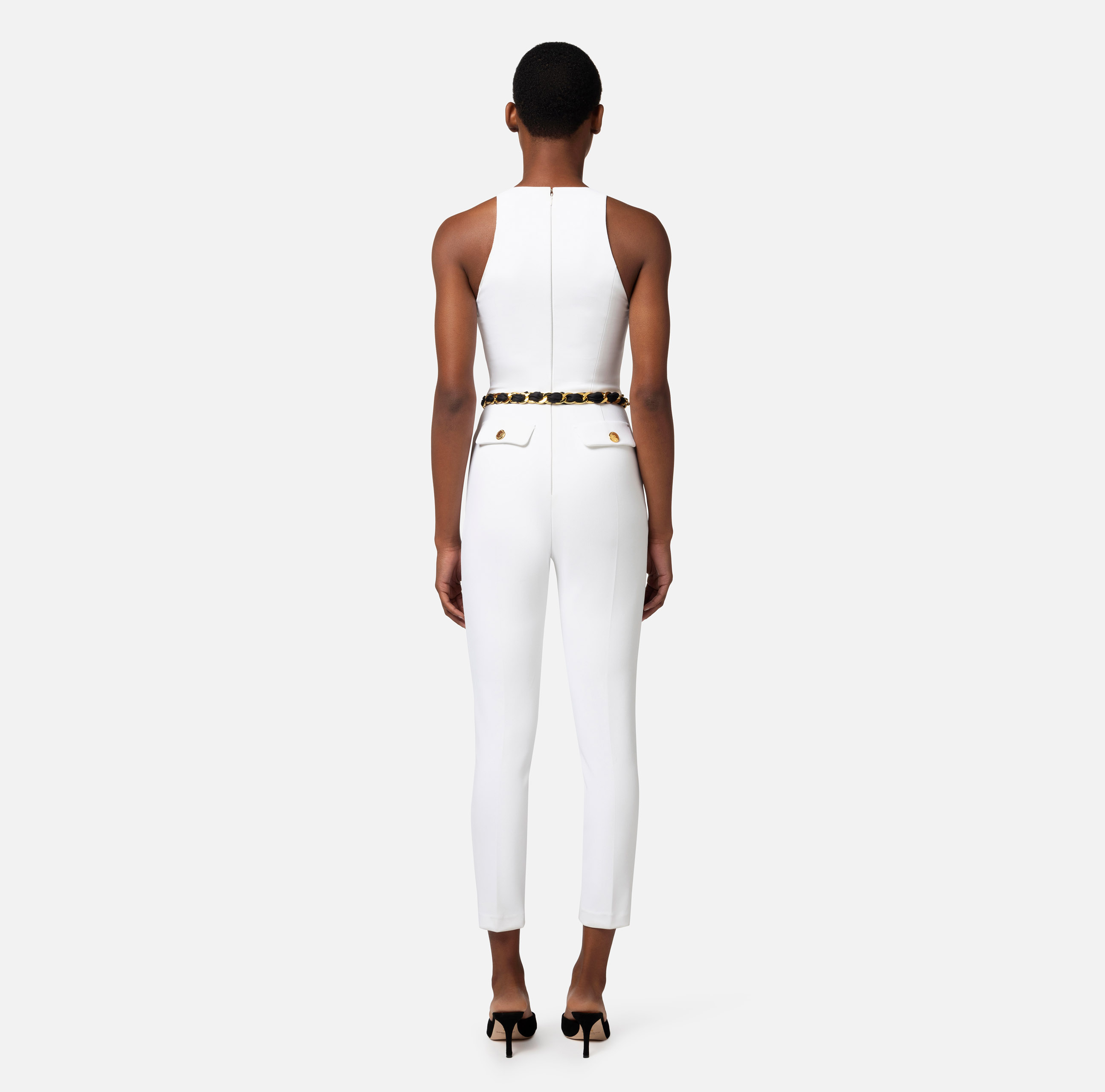 Double layer crêpe jumpsuit with chain belt