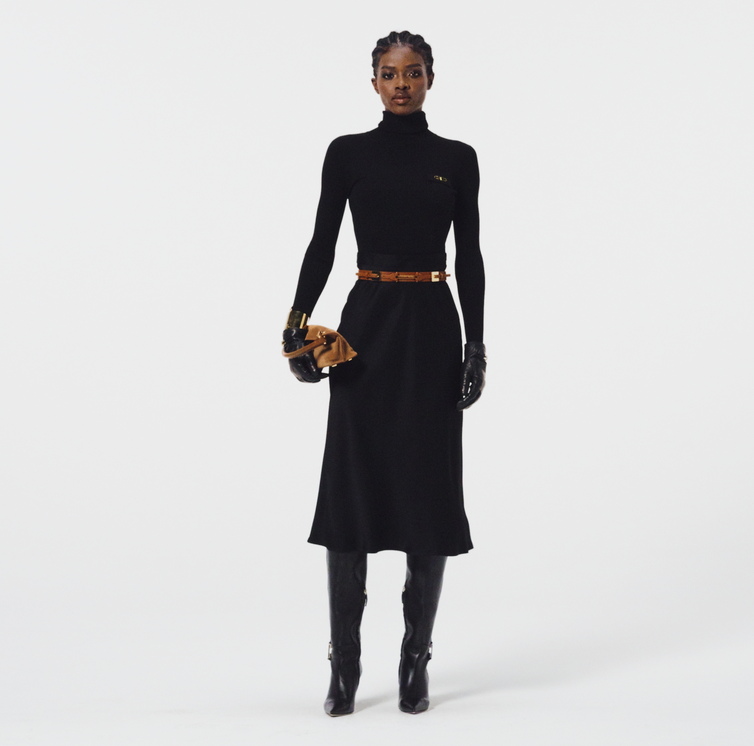 Dress in ribbed knit and satin fabrics with pocket
