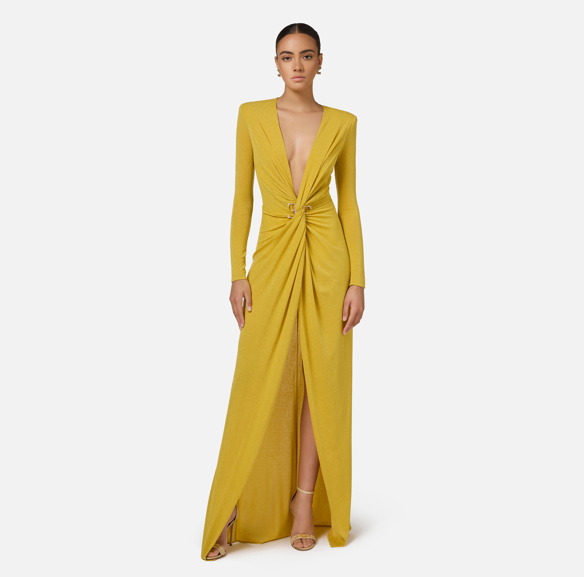 Abito red carpet in jersey lurex con nodo e accessorio logo - Elisabetta Franchi