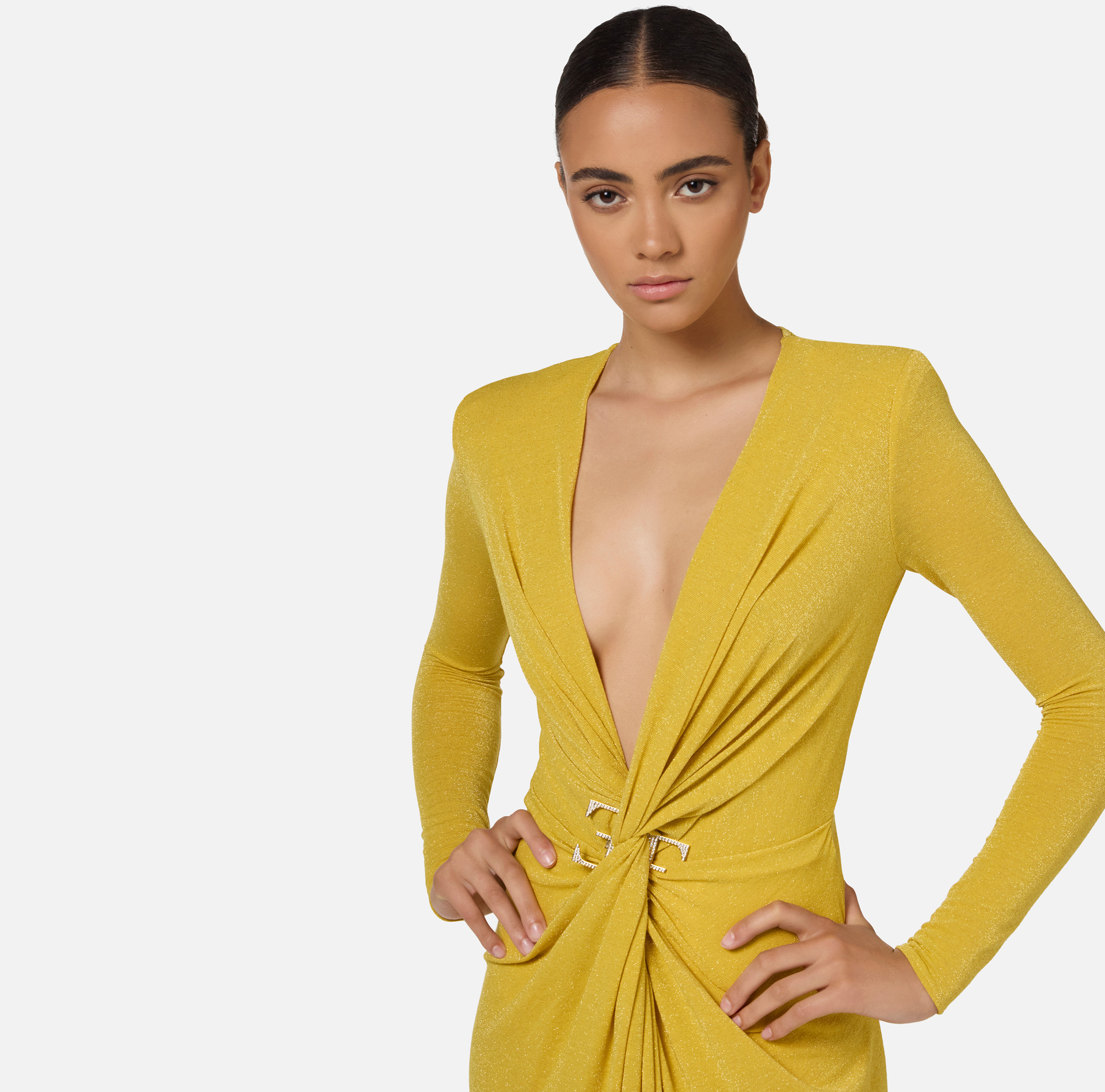 Abito red carpet in jersey lurex con nodo e accessorio logo - Elisabetta Franchi