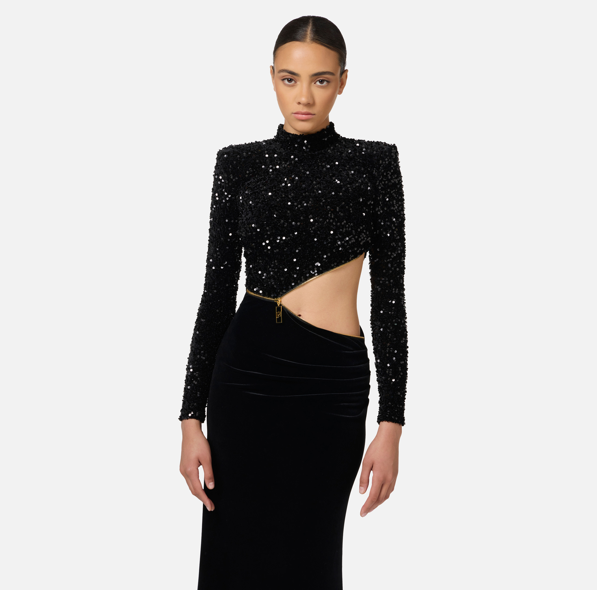 Abito red carpet in ciniglia ricamata con pailettes con cut-out - Elisabetta Franchi