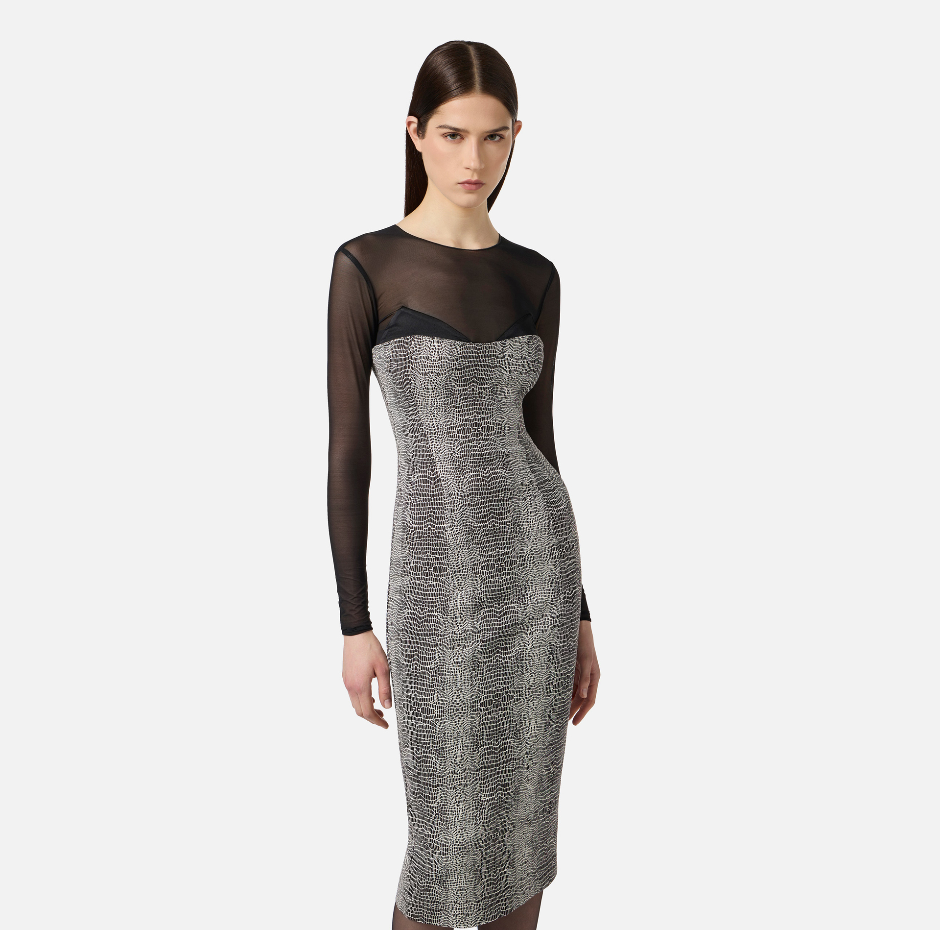 Vestido de tul, raso y crepé con estampado pitón - Elisabetta Franchi