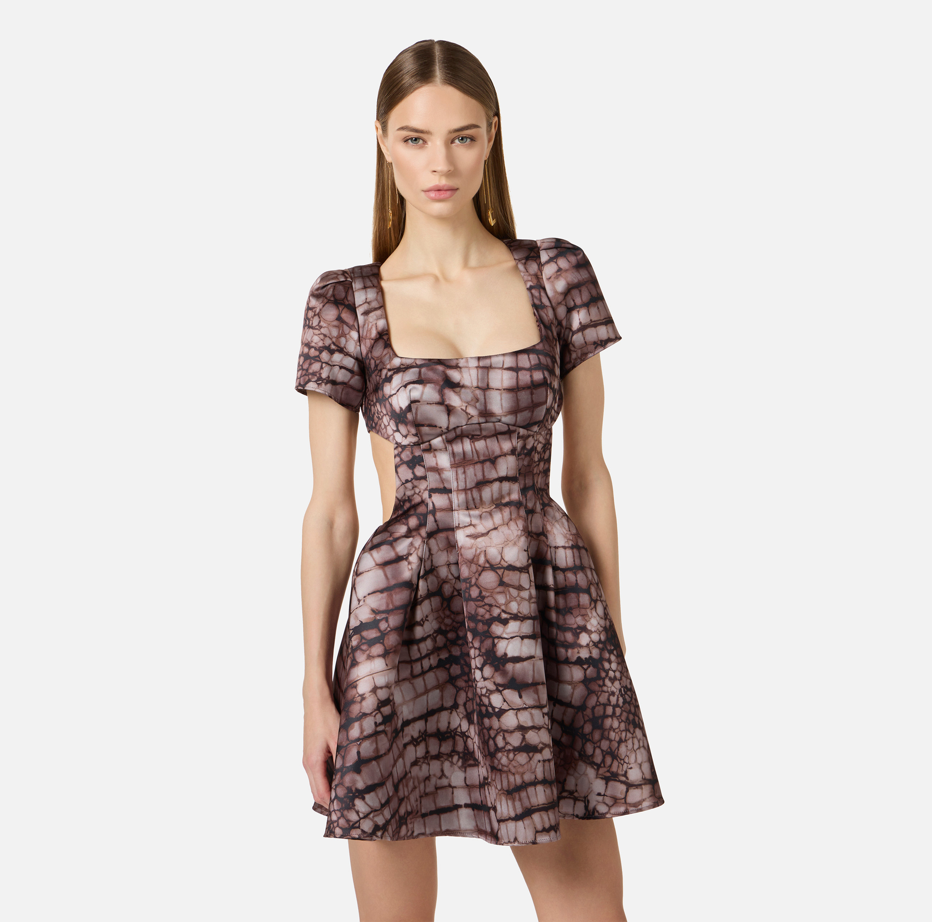 Sukienka mini z tkaniny duchesse z nadrukiem skóry aligatora - Elisabetta Franchi
