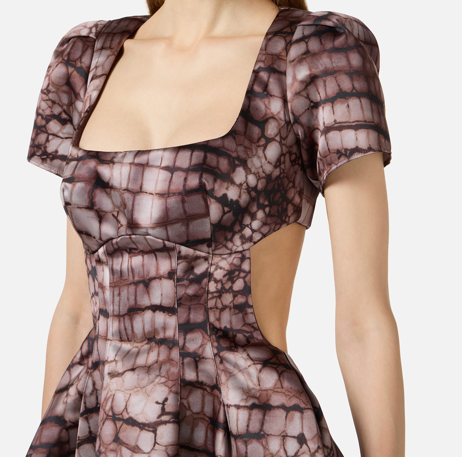 Sukienka mini z tkaniny duchesse z nadrukiem skóry aligatora - Elisabetta Franchi