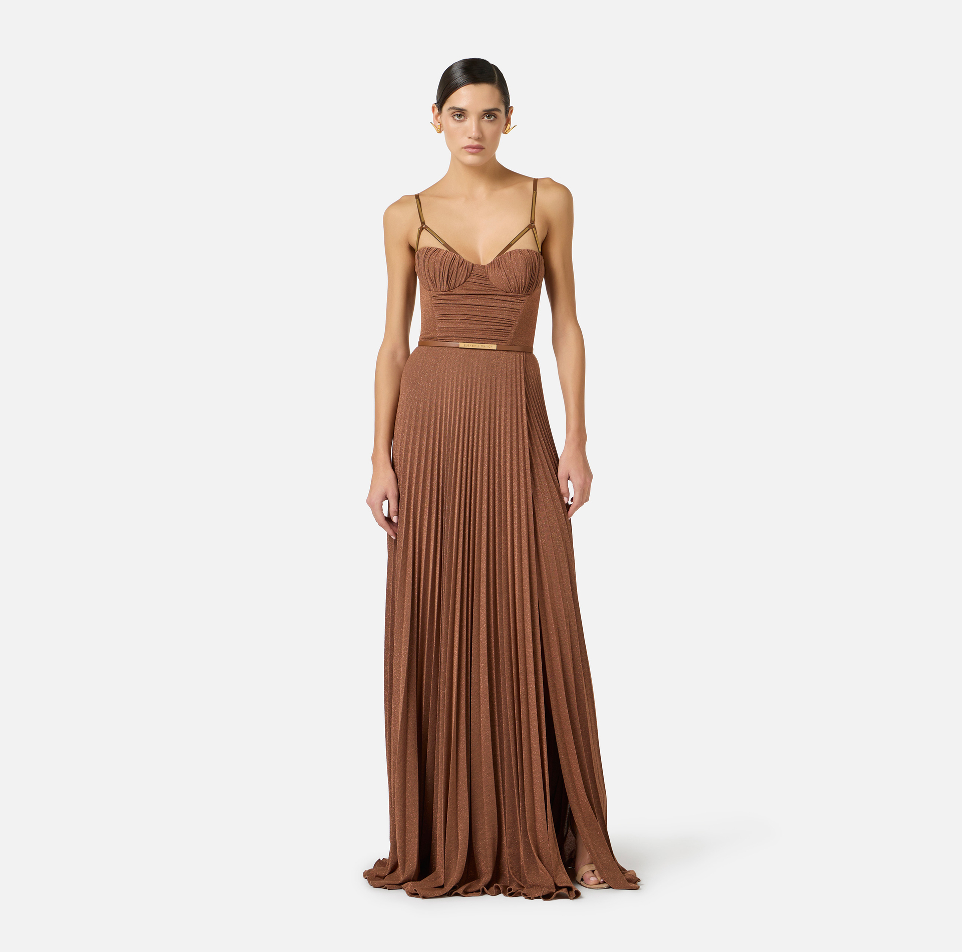 Red Carpet dress made of lamé-effect jersey fabric with belt - Elisabetta Franchi