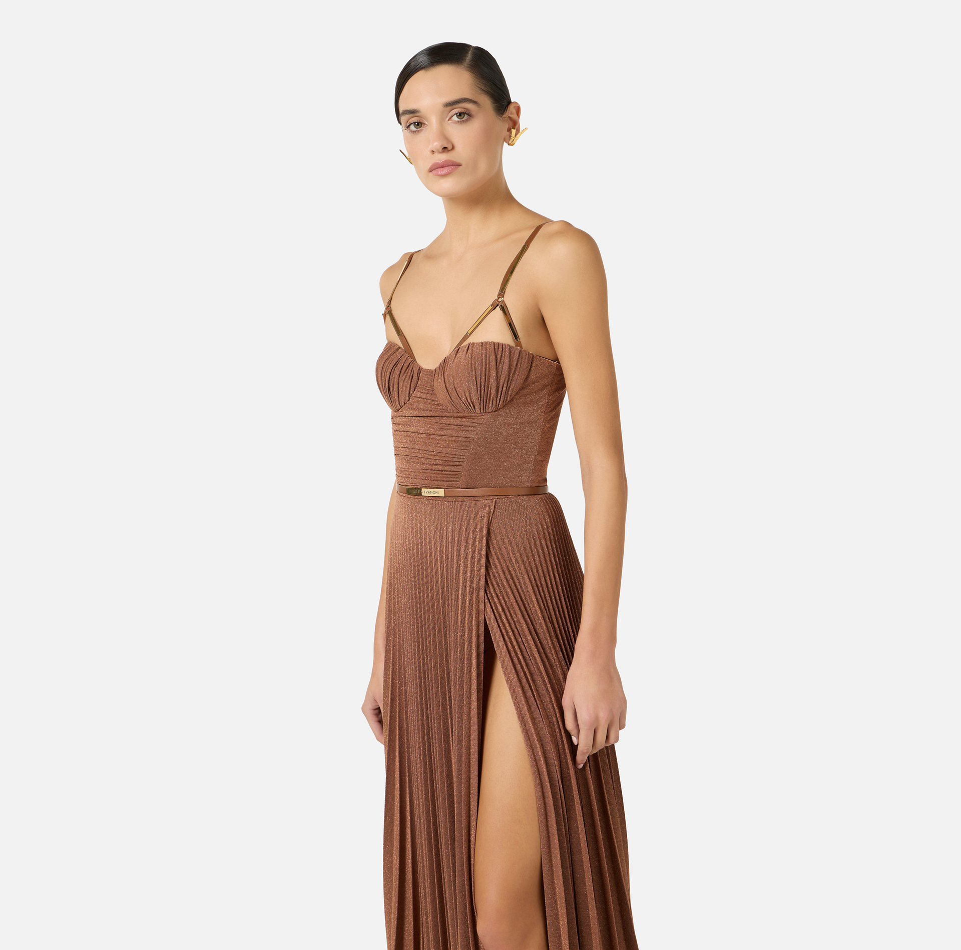 Red Carpet dress made of lamé-effect jersey fabric with belt - Elisabetta Franchi