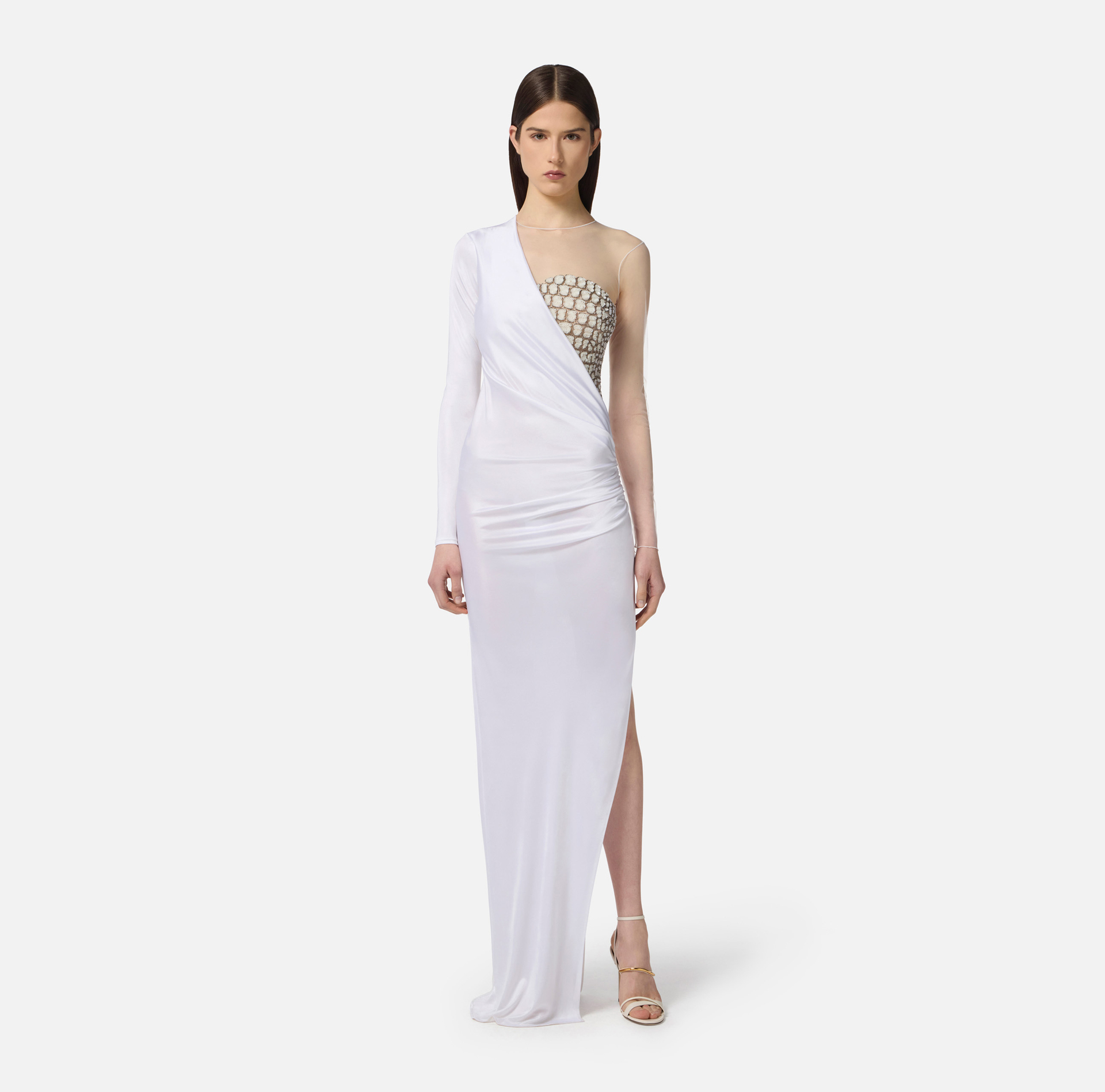 Red Carpet-Kleid aus Tüll und Jersey mit Stickereien mit Kokosnuss-Effekt - Elisabetta Franchi