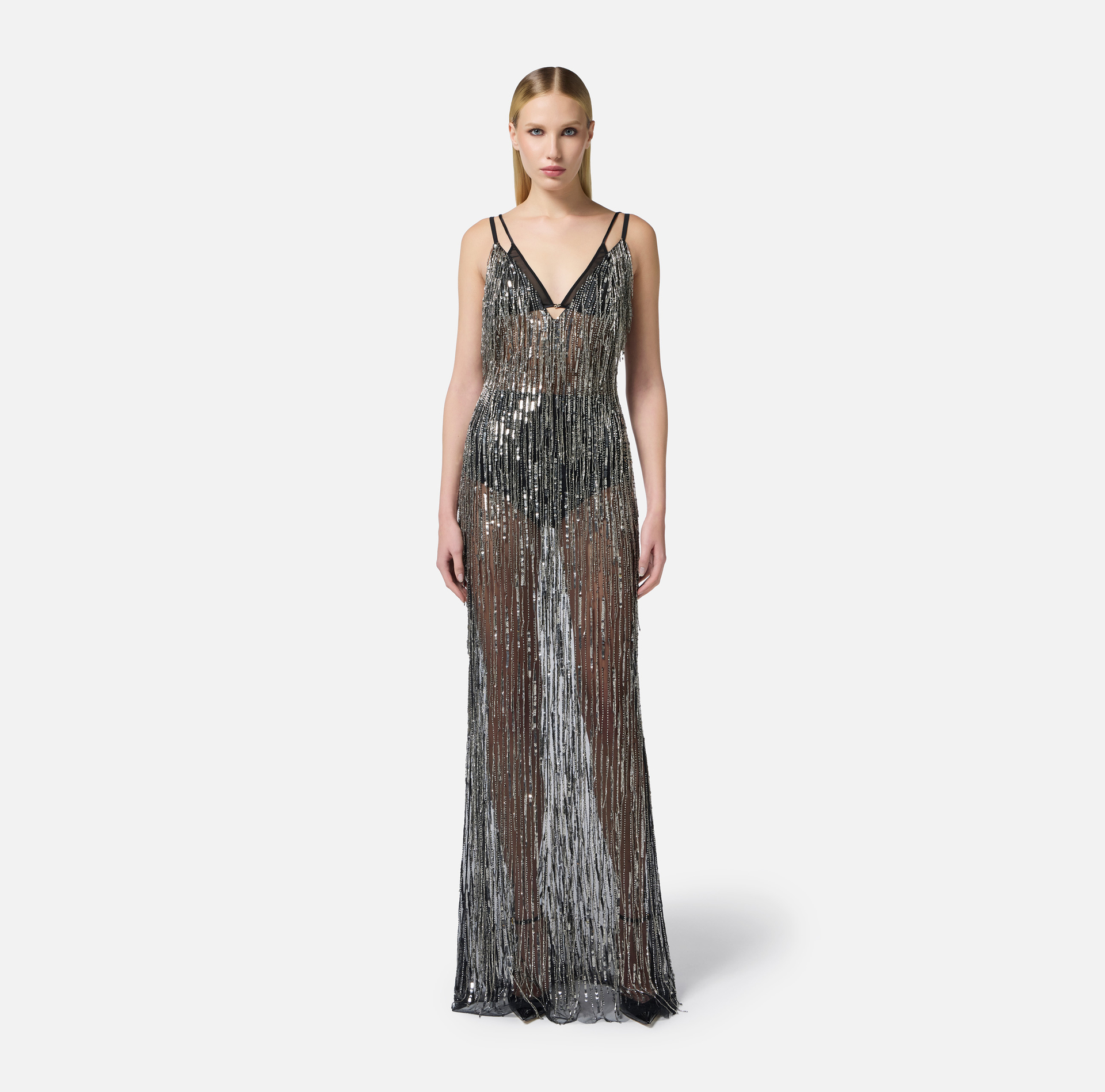 Red Carpet Kleid aus Tüll und Georgette mit Fransen - Elisabetta Franchi