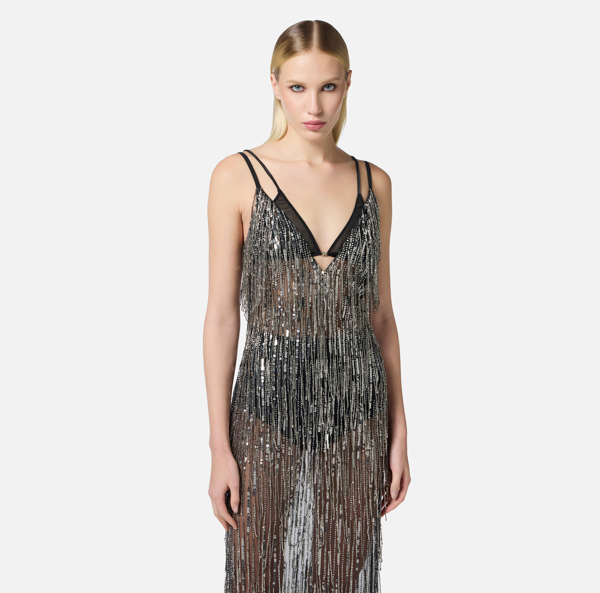 Red Carpet Kleid aus Tüll und Georgette mit Fransen - Elisabetta Franchi
