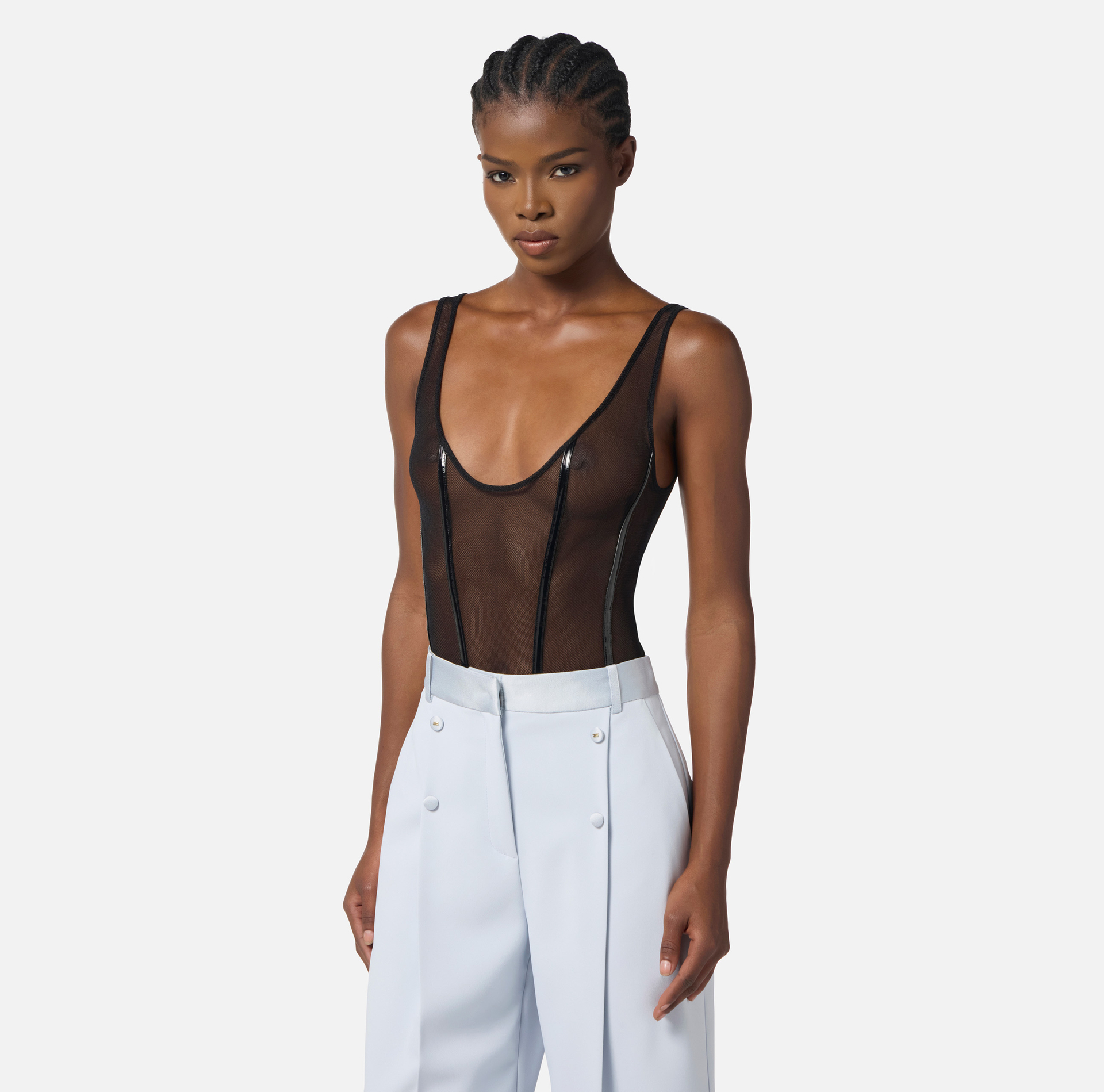 Body en tulle stretch avec détails en vinyle - Elisabetta Franchi