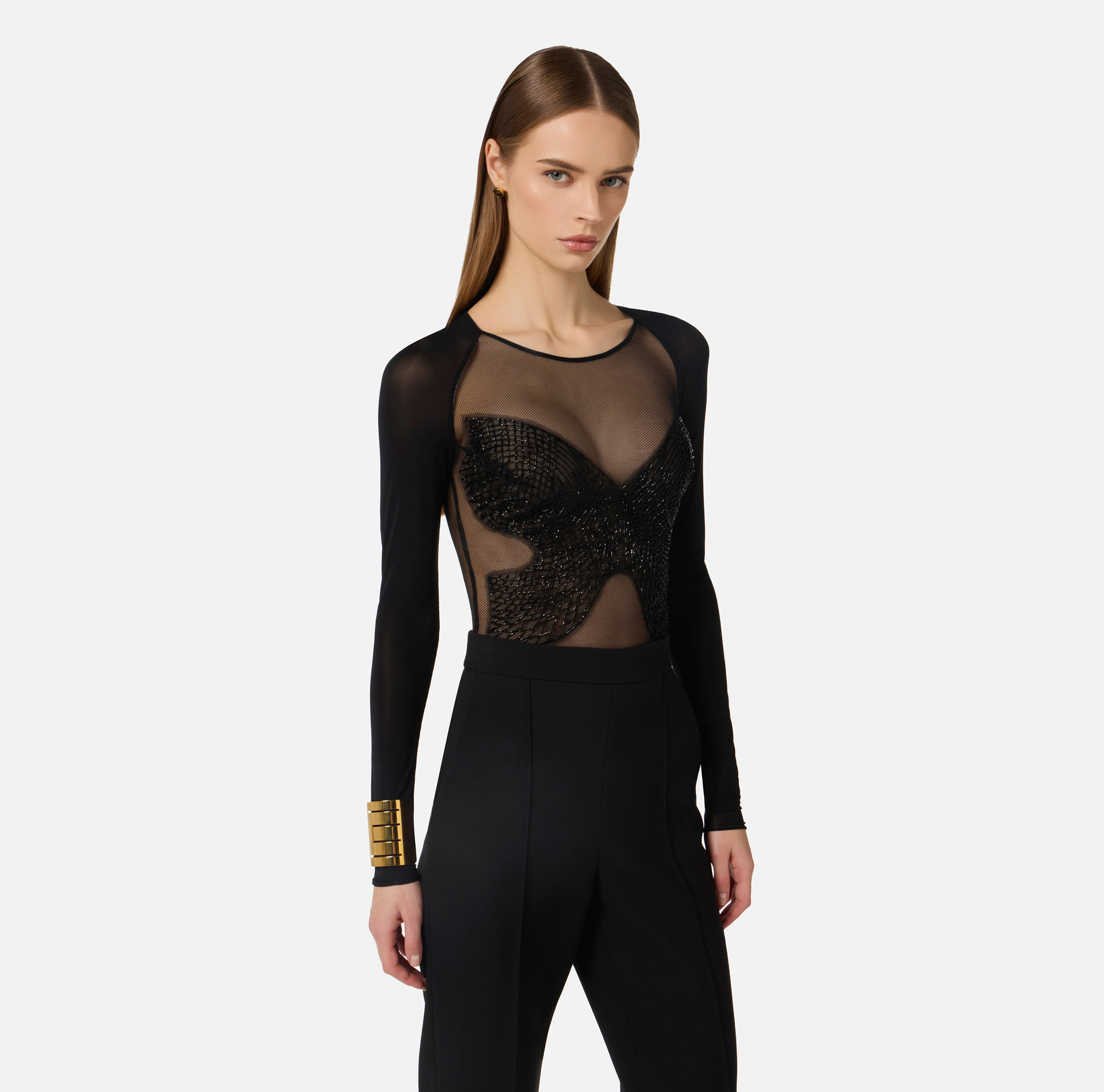 Body z dżerseju i tiulu z kryształkami - Elisabetta Franchi