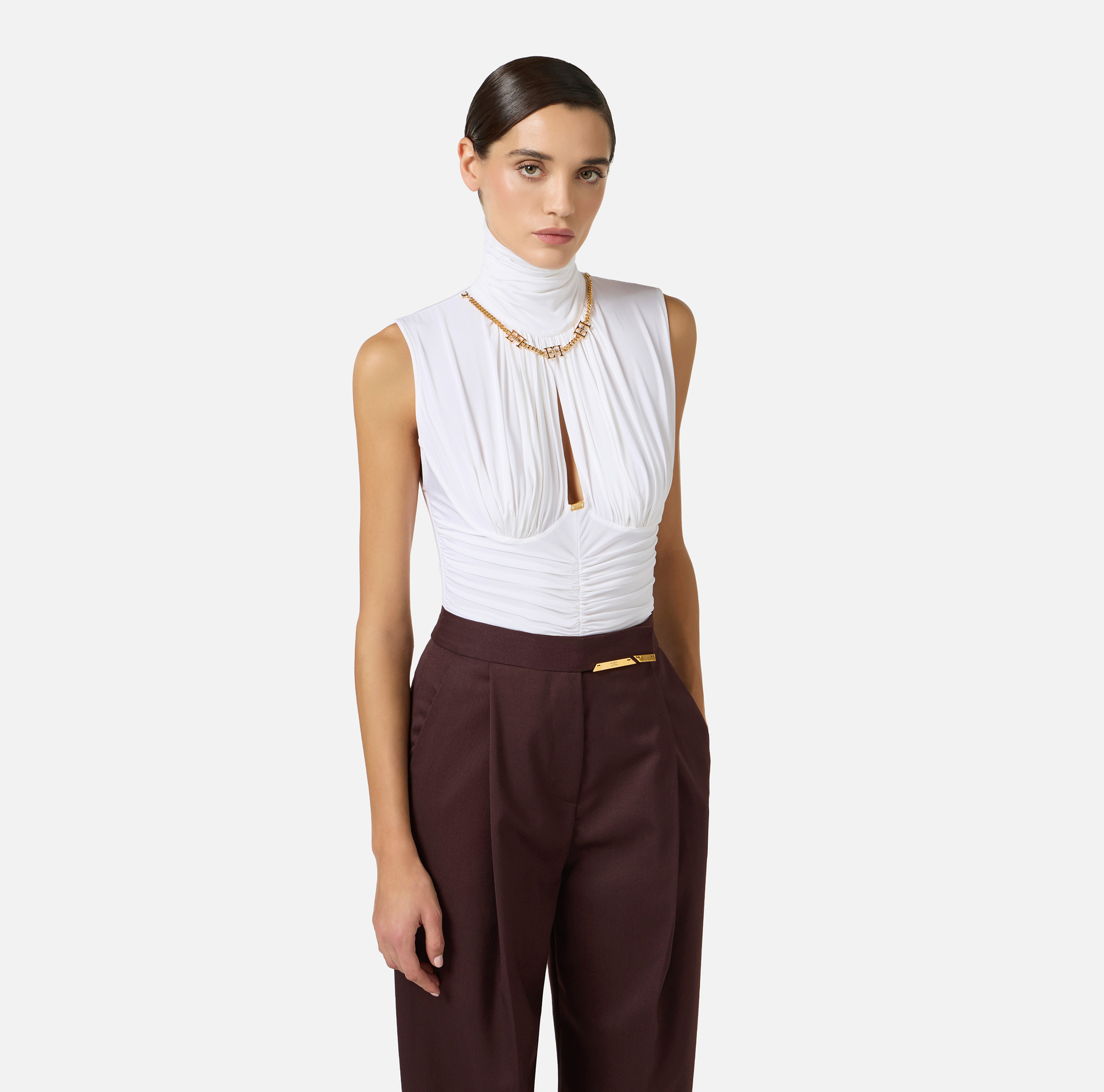 Body z lekkiej dżersejowej krepy z biżuteryjnym detalem - Elisabetta Franchi