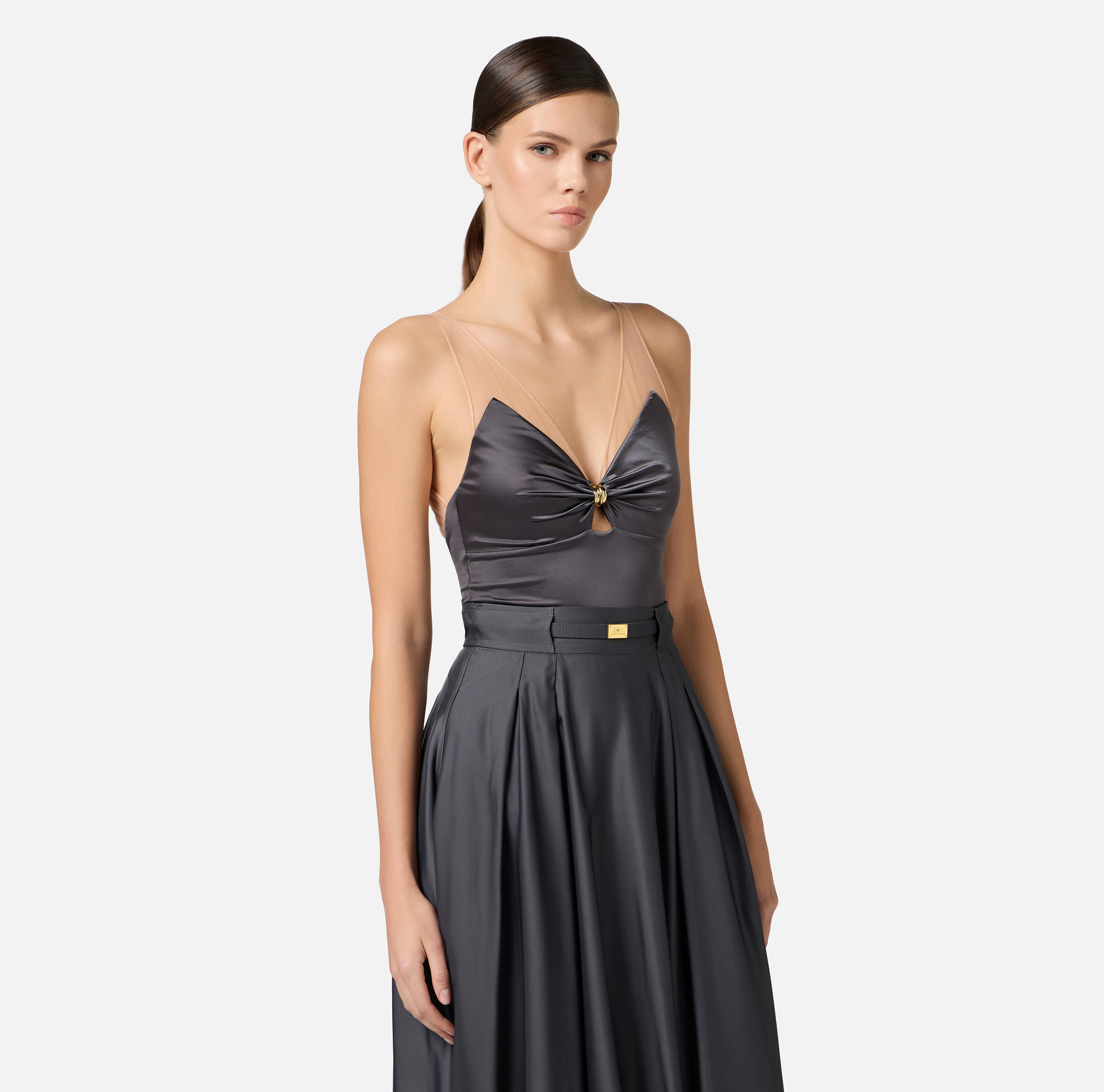 Lycra bodysuit with tulle straps - Elisabetta Franchi
