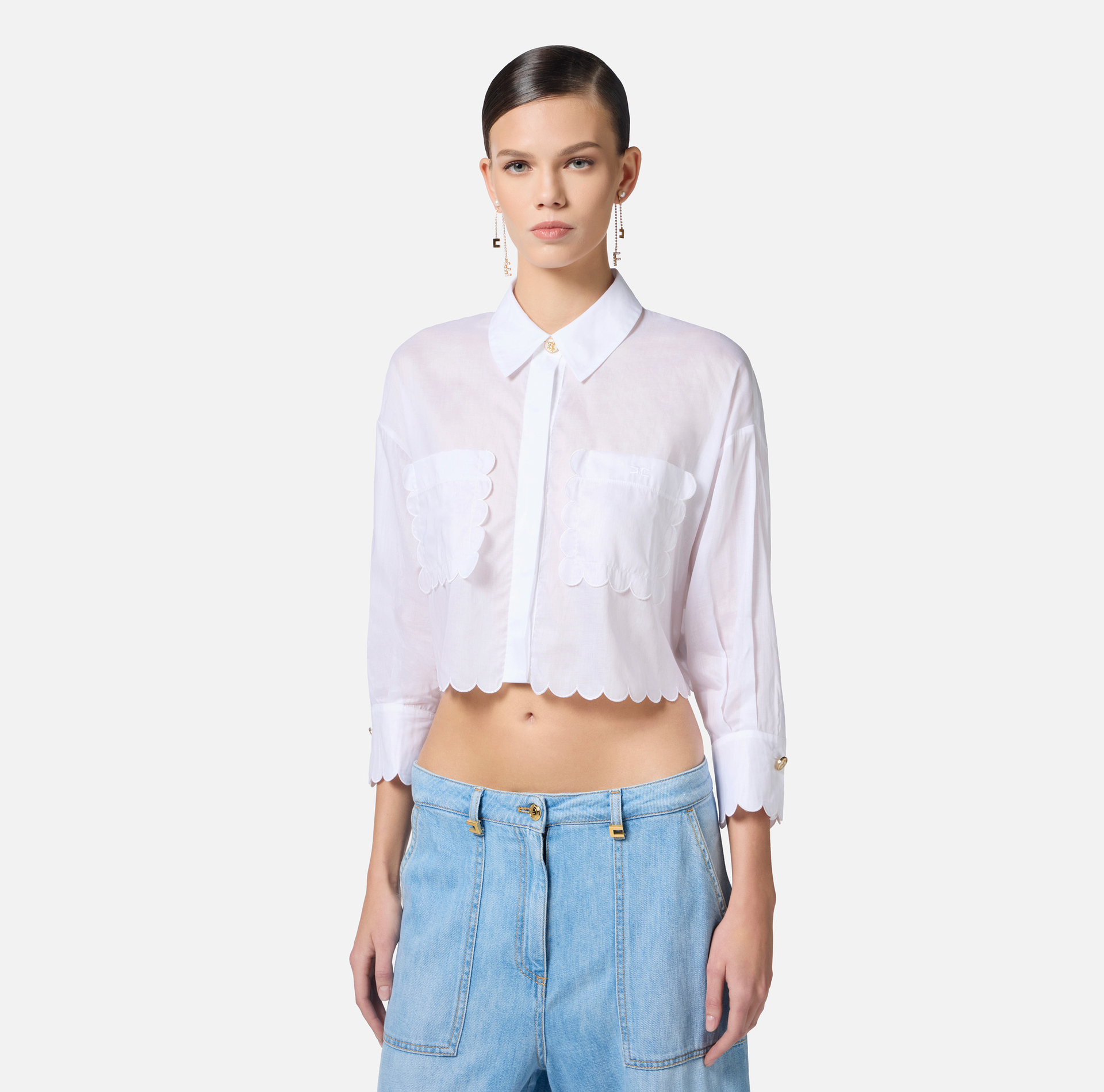 Cotton voile shirt with embroidered scallop - Elisabetta Franchi