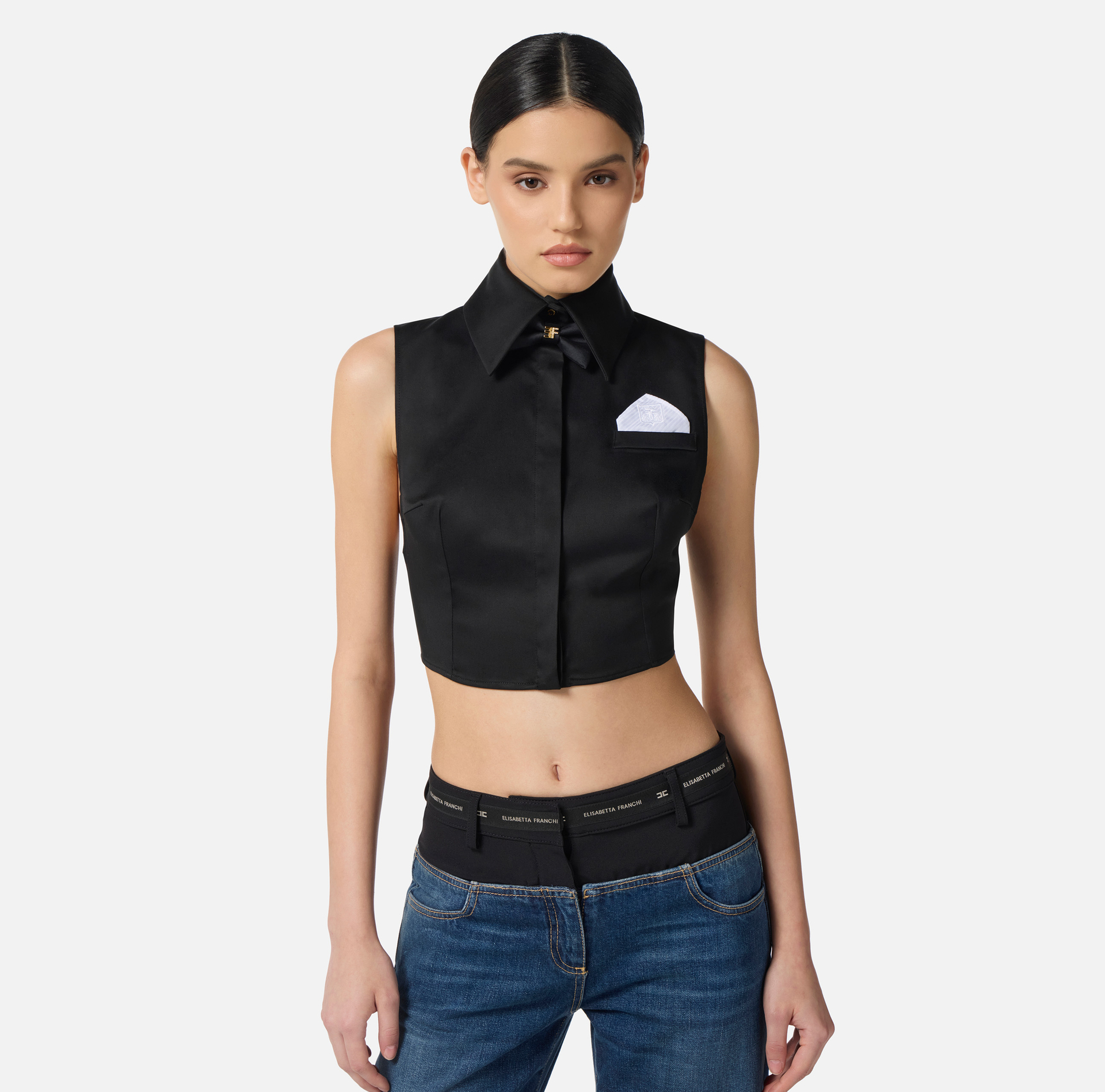 Camicia cropped in raso di cotone con papillon - Elisabetta Franchi