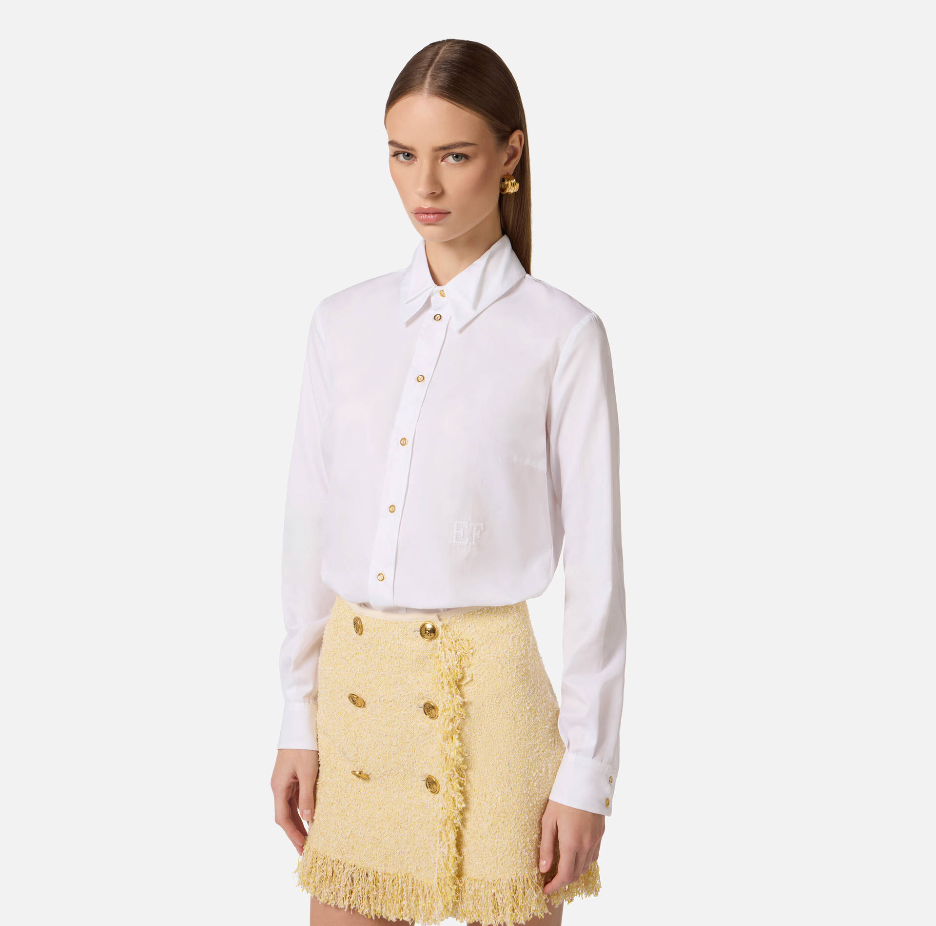 Koszula z bawełny z podwójnym kołnierzem i haftem - Elisabetta Franchi