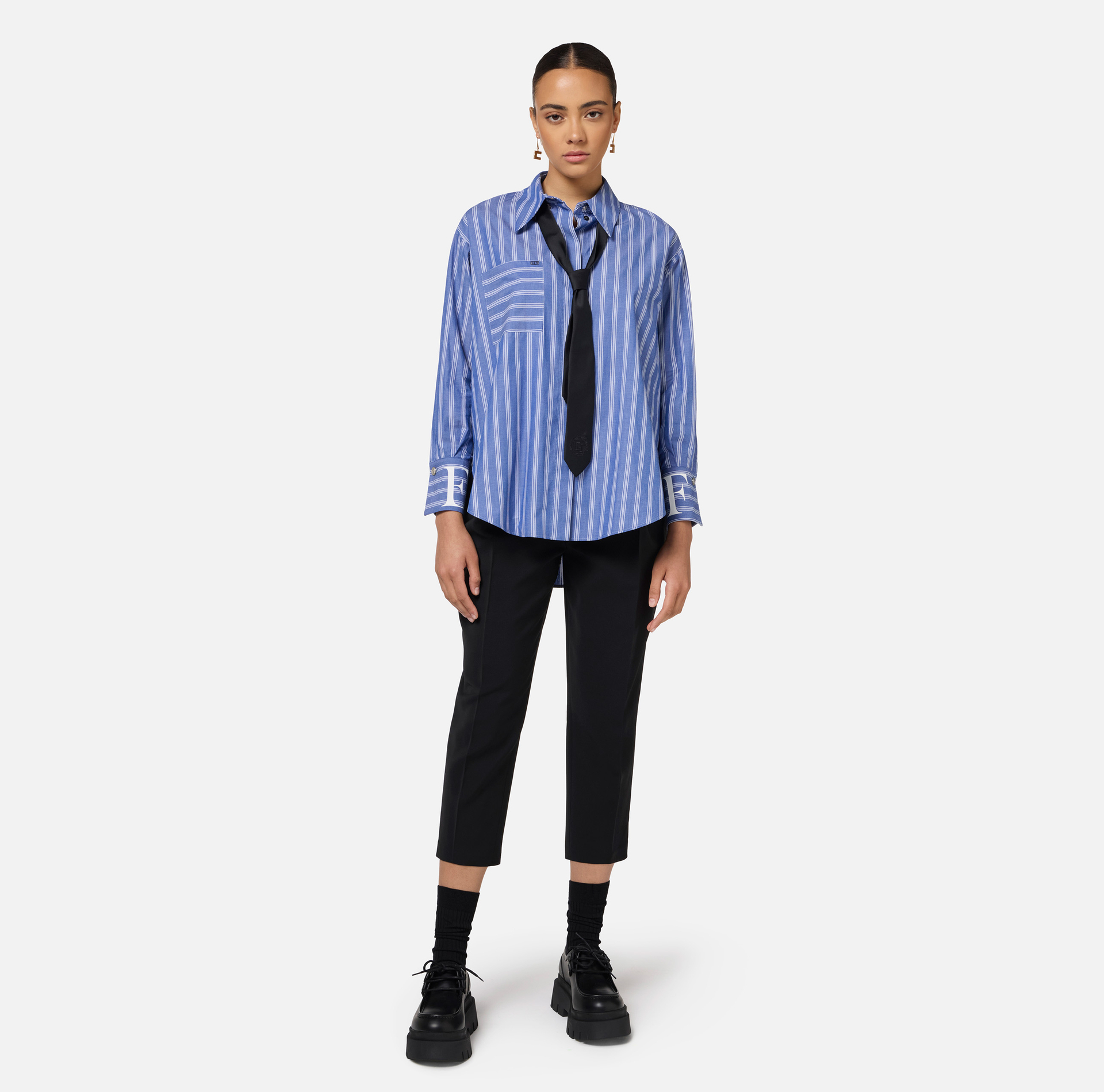 Camicia in popeline rigato con logo sui polsi - Elisabetta Franchi