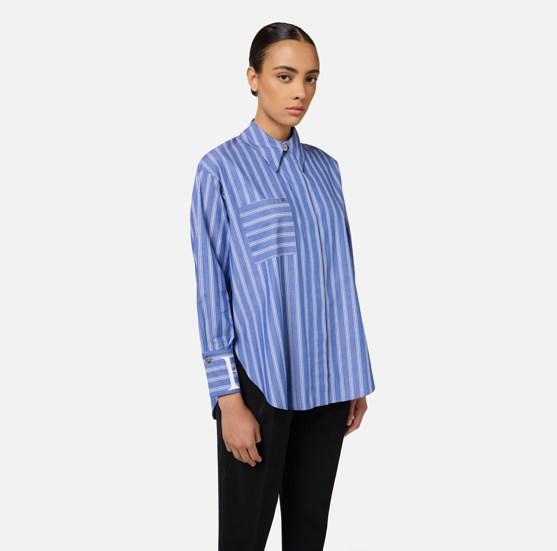 Camicia in popeline rigato con logo sui polsi - Elisabetta Franchi